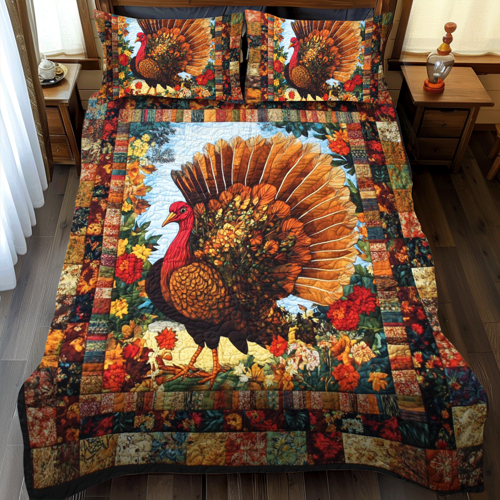 Turkey Thanksgiving Charm 3-Piece Quilted Bedding Set NCU0PD702