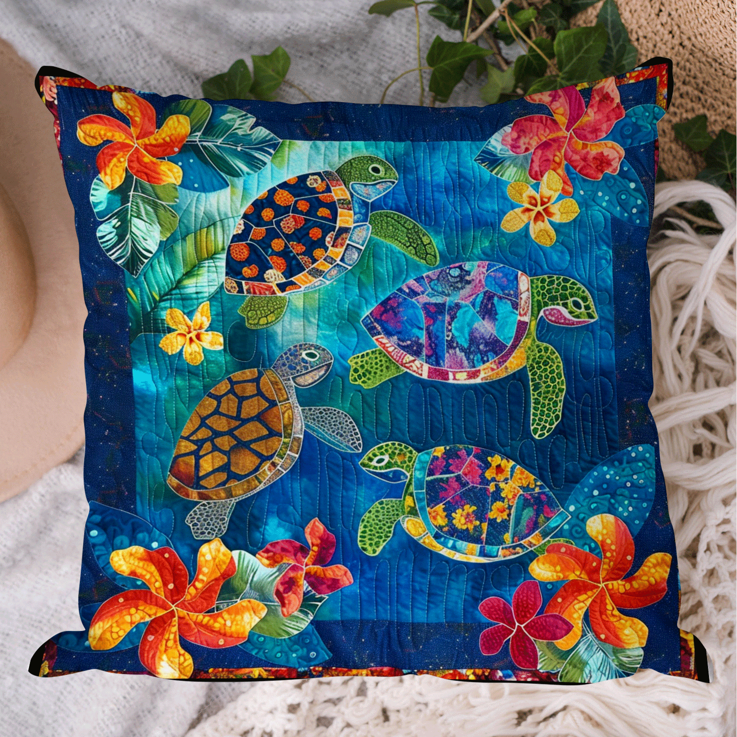 Vibrant Ocean Turtles Quilted Pillow Case NCU0TL960