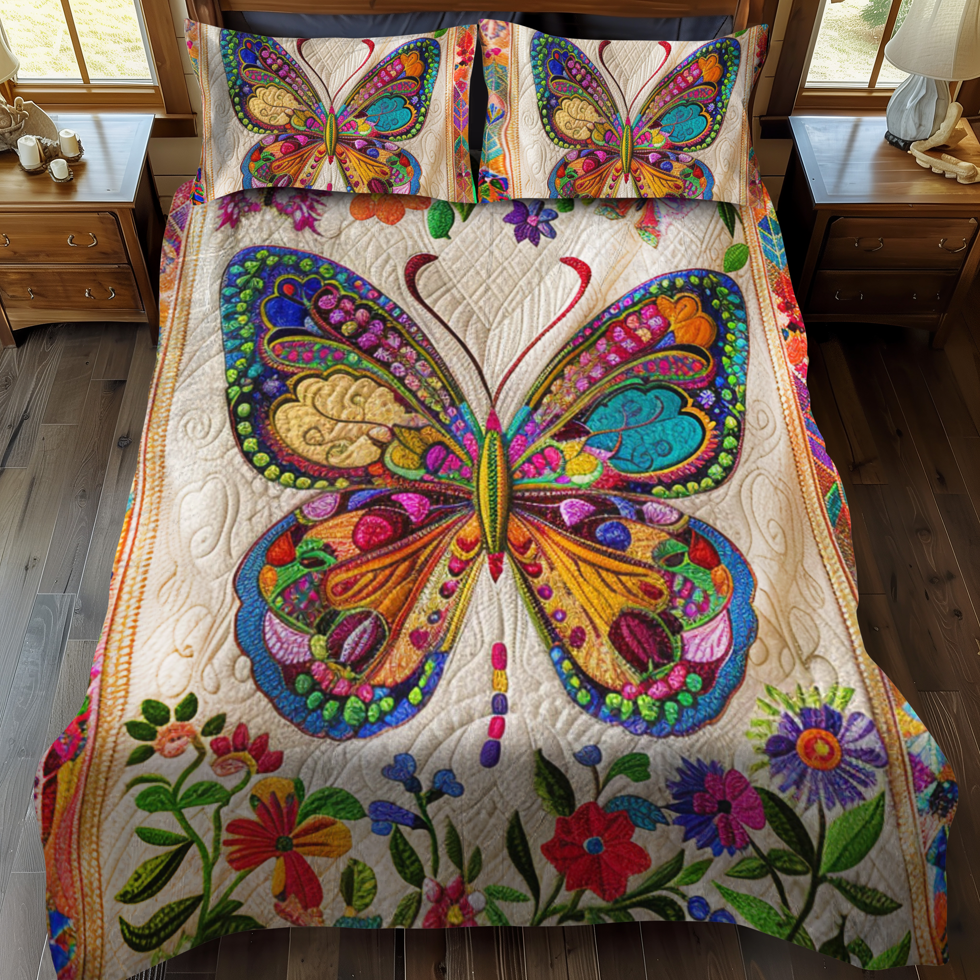 Vibrant Mandala Butterfly 3-Piece Quilted Bedding Set NCU0VL139