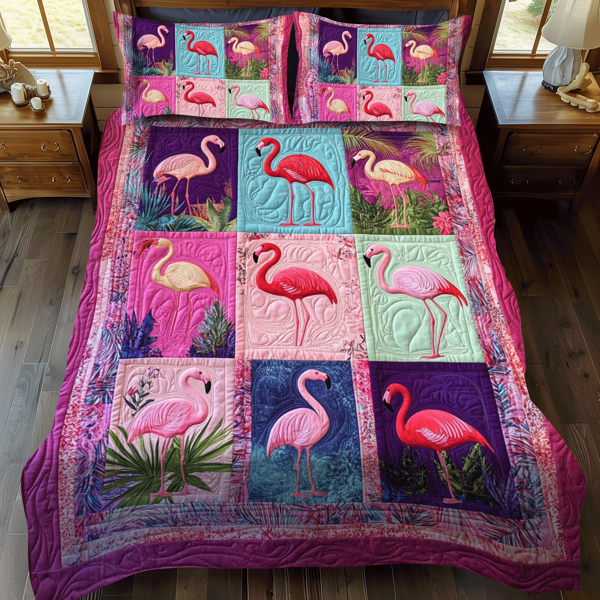 Vibrant Flamingo Tropics 3-Piece Quilted Bedding Set NCU0PD500