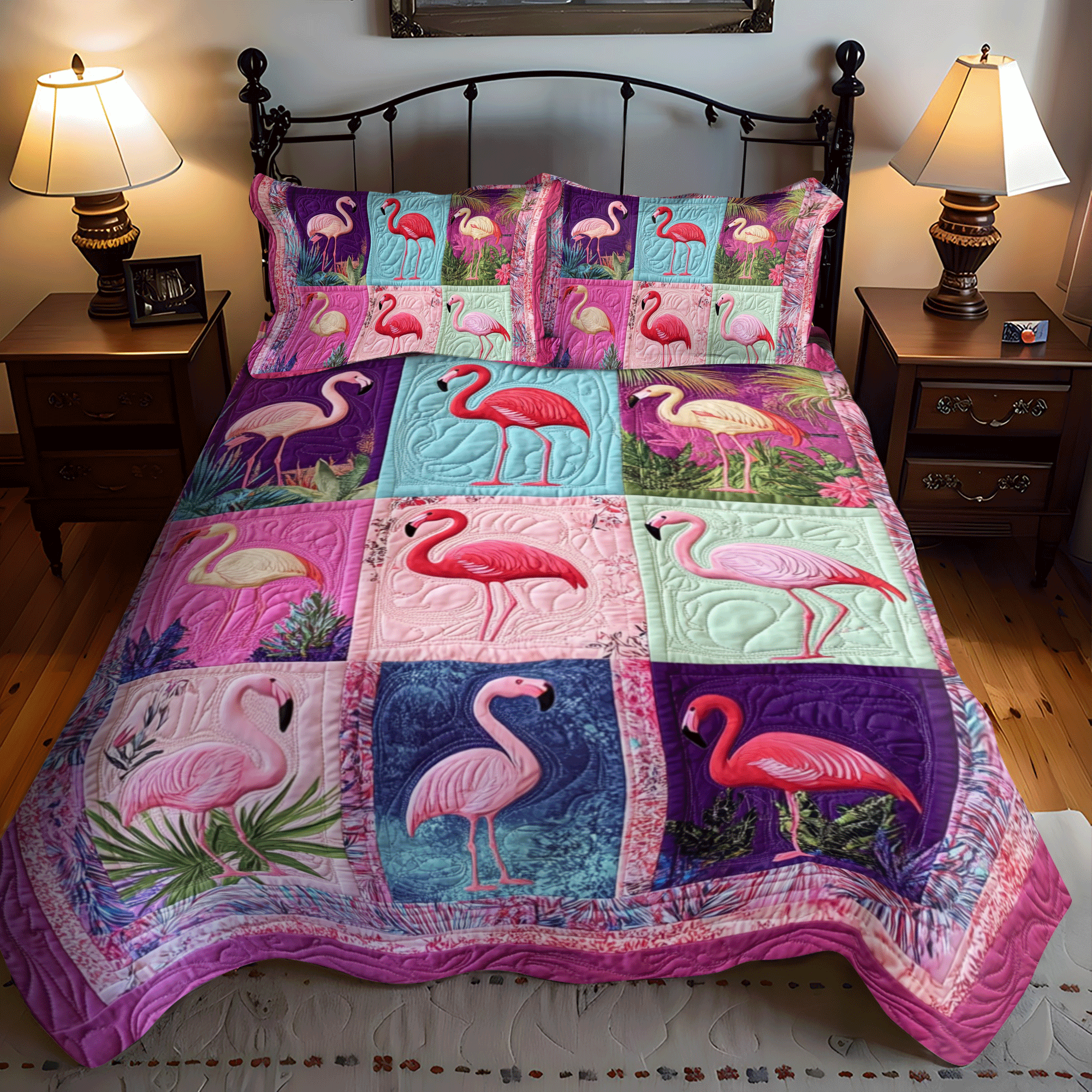 Vibrant Flamingo Tropics 3-Piece Quilted Bedding Set NCU0PD500