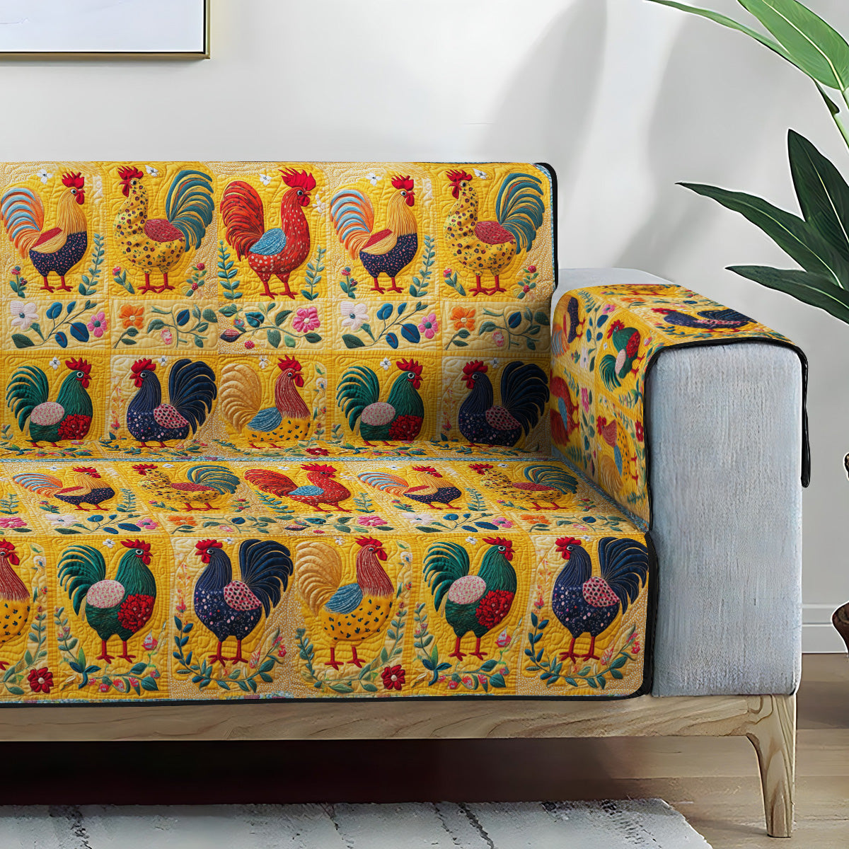 Vibrant Rooster Mosaic Quilted Sofa Cover NCU0PT957