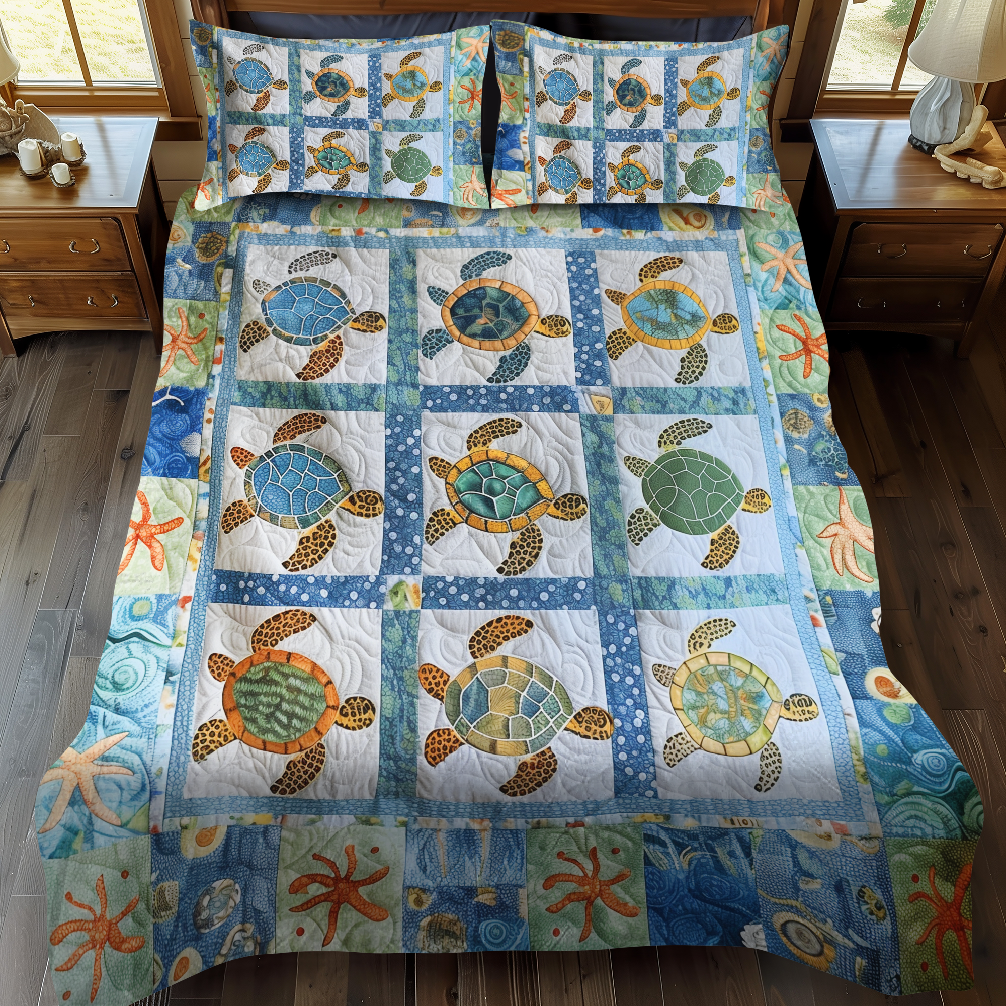 Vibrant Turtles 3-Piece Quilted Bedding Set NCU0VL265