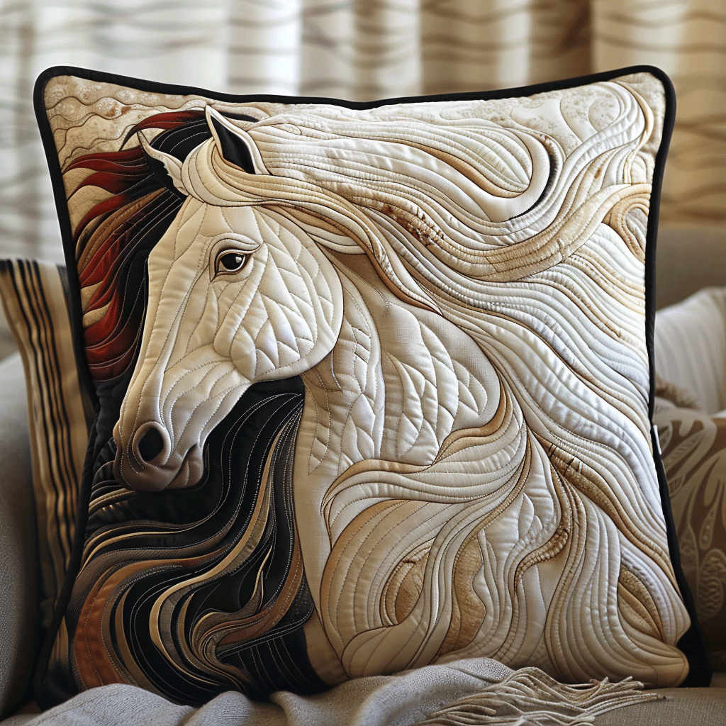 Vibrant White Horse Quilted Pillow Case NCU0PD237