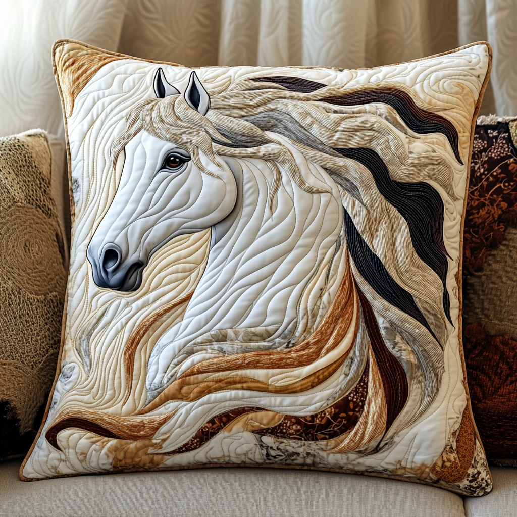 Vibrant White Horse Quilted Pillow Case NCU0PD406