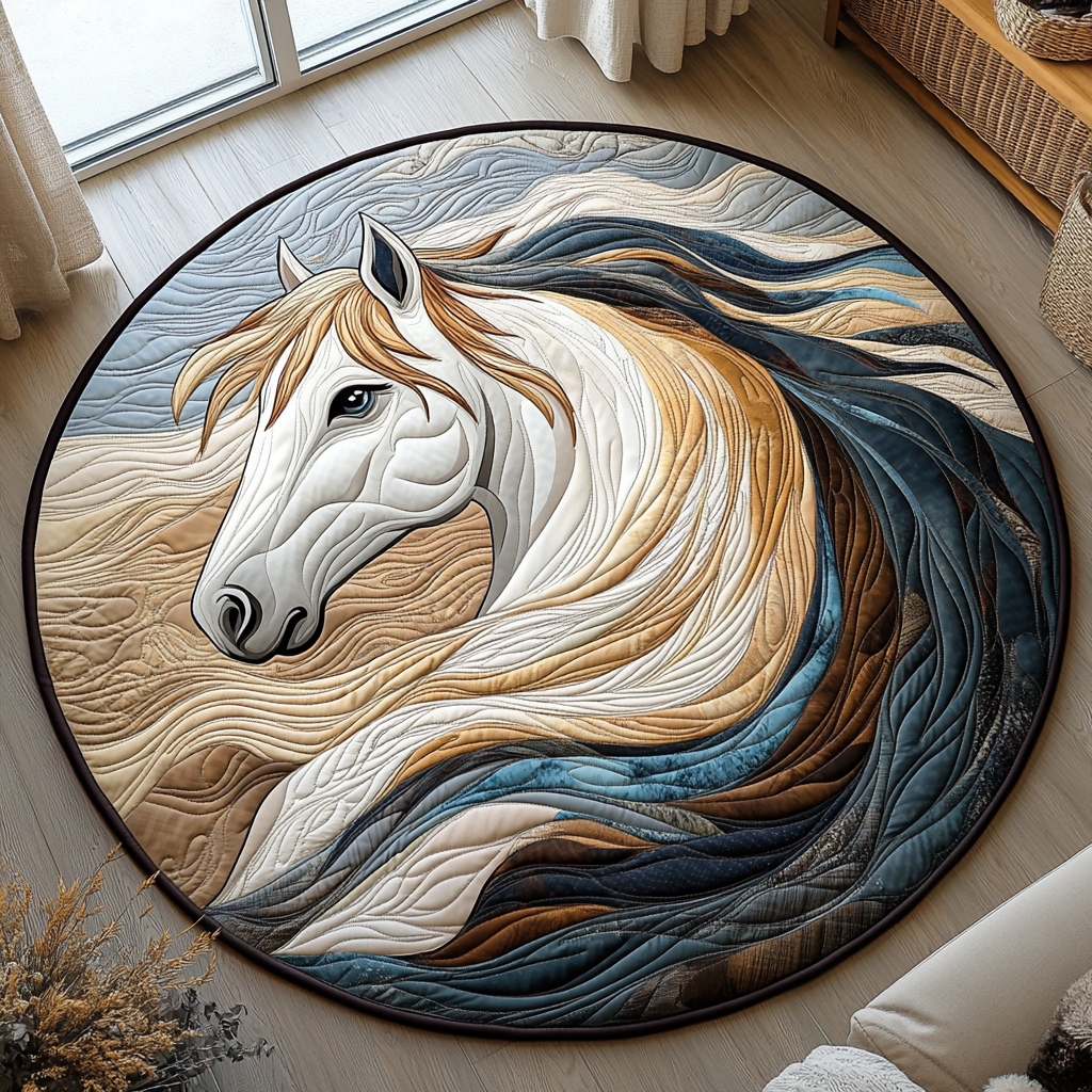 Vibrant White Horse Quilted Round Mat NCU0PD834