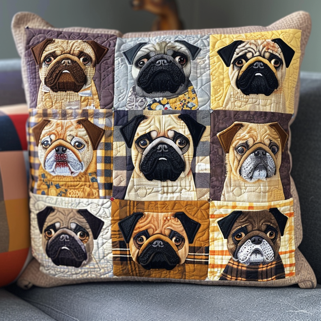 Vintage Pug Portraits Quilted Pillow Case NCU0TH144