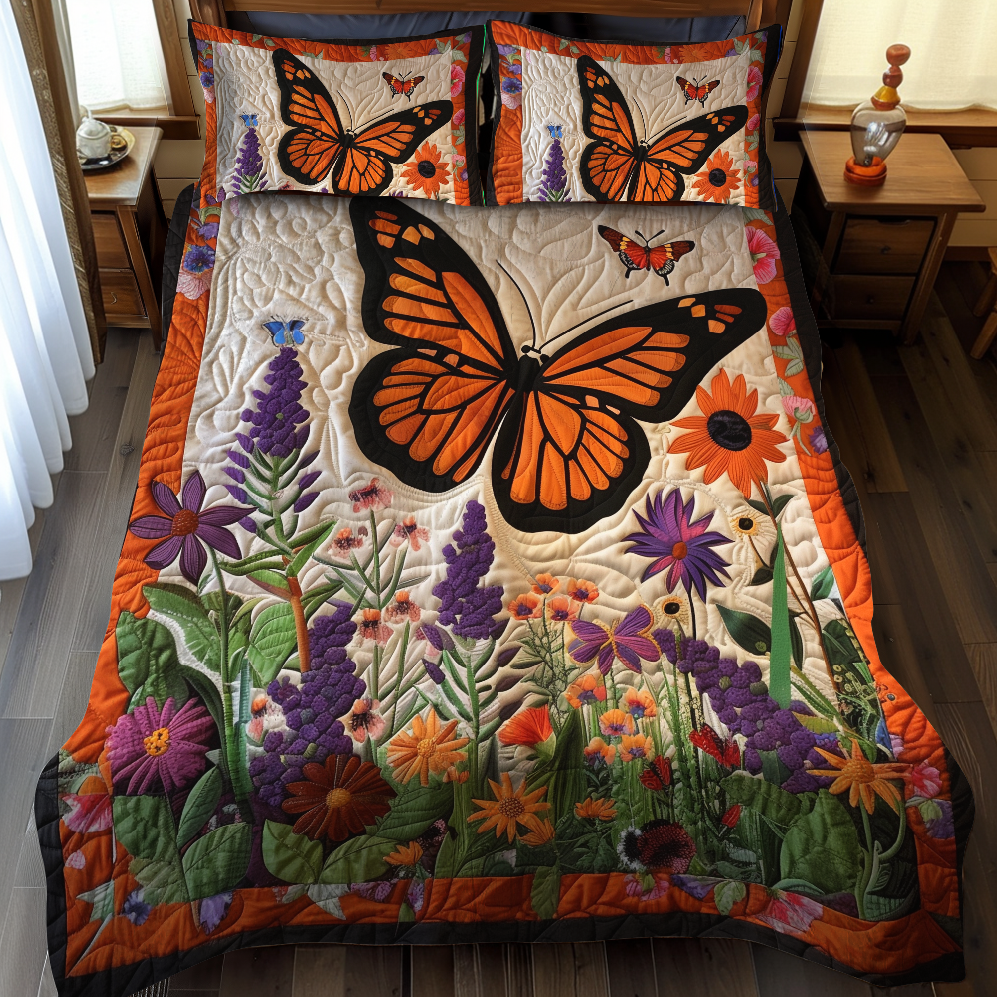 Vivid Monarch Butterflies 3-Piece Quilted Bedding Set NCU0VL038