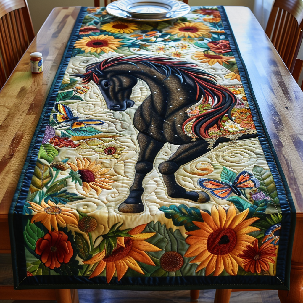 Vivid Black Horse Quilted Table Runner NCU0PD290