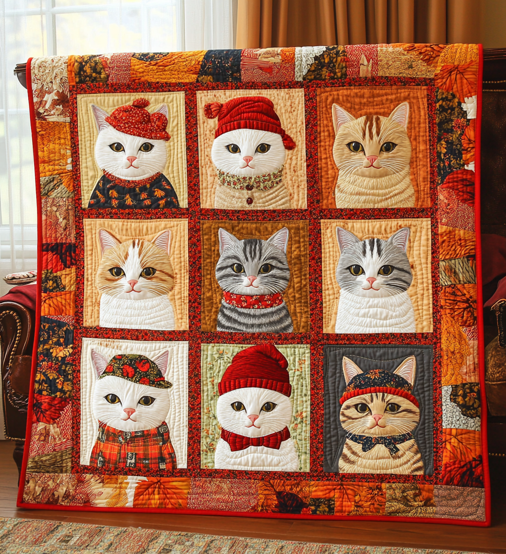 Whimsical Autumn Feline Quilted Blanket NCU0DV444