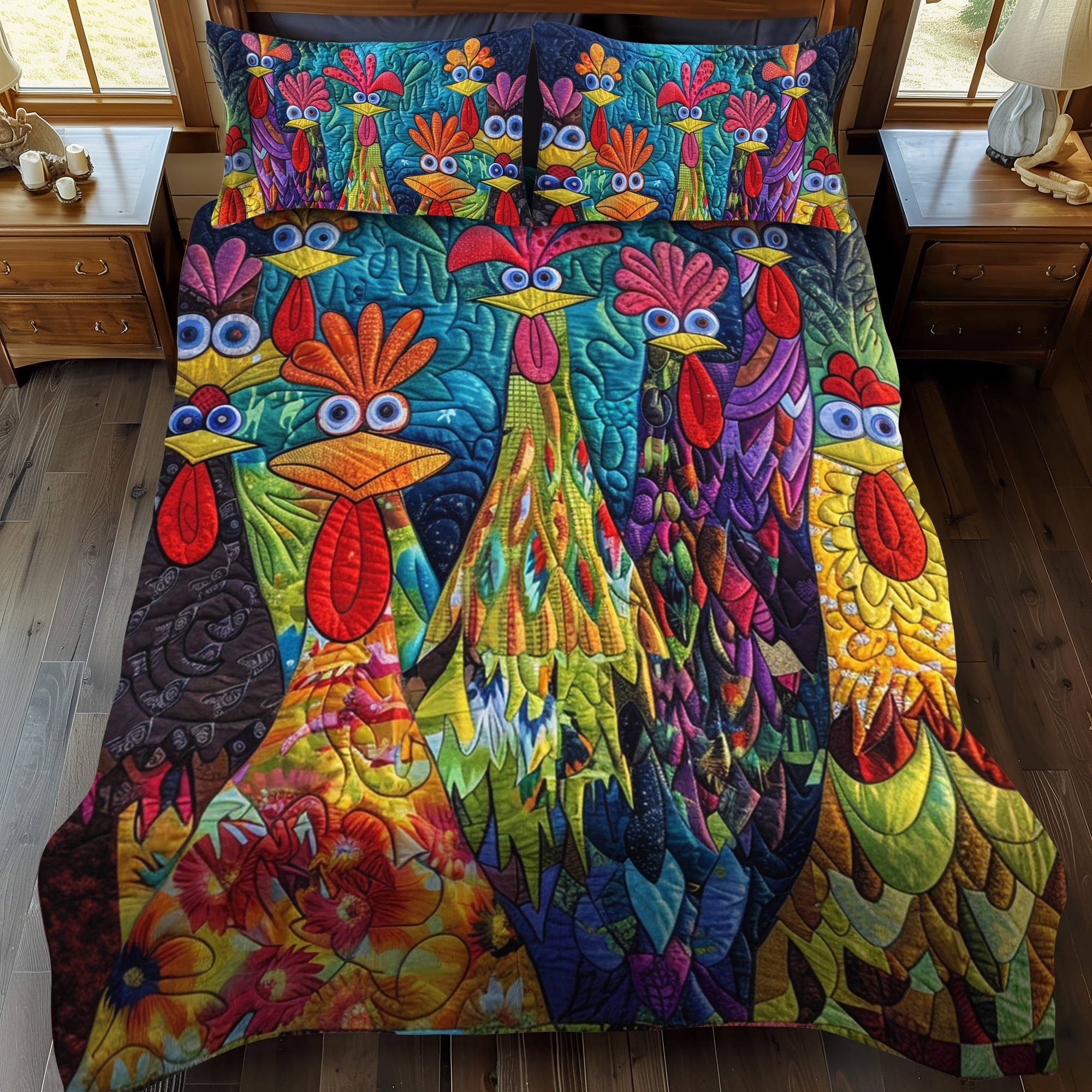 Whimsical Chickens 3-Piece Quilted Bedding Set NCU0PT054