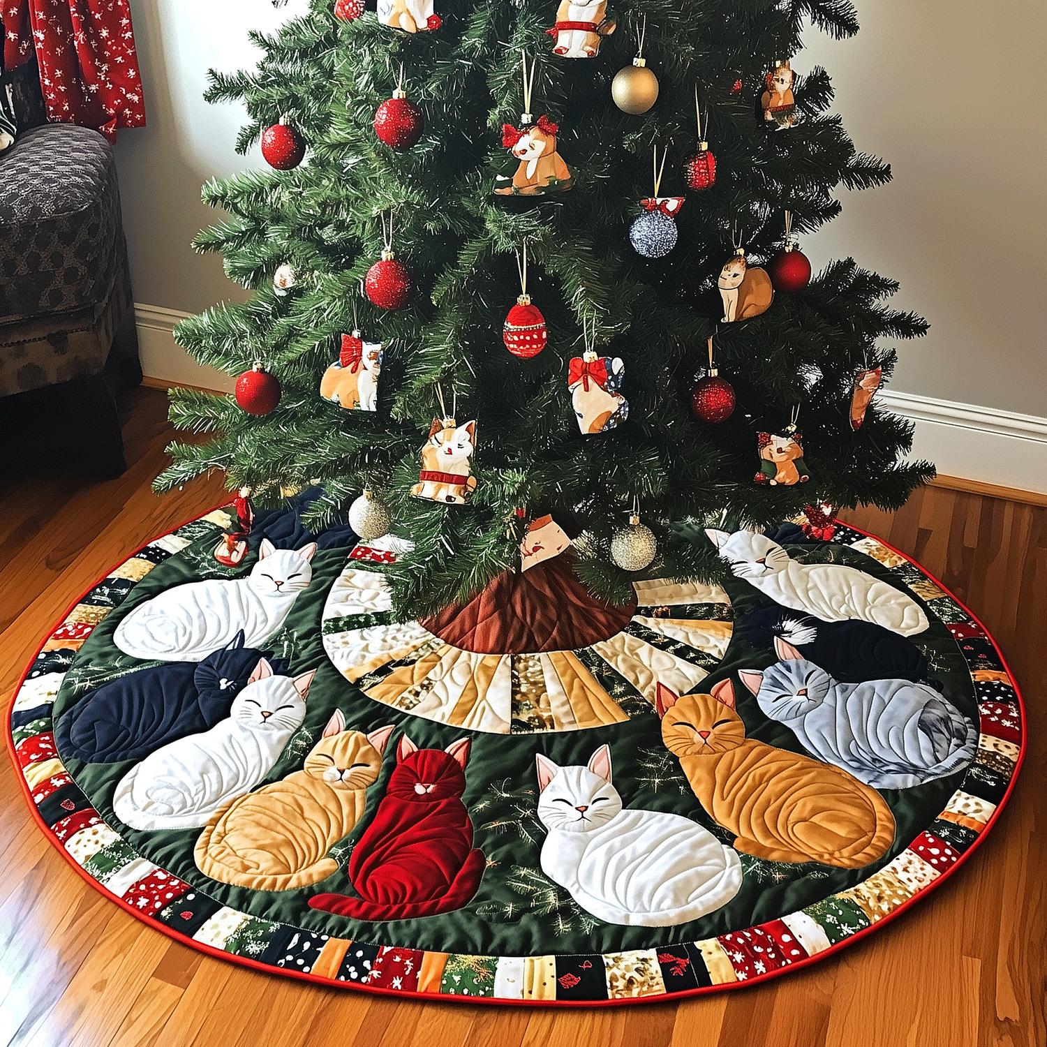 Whiskered Wonders Quilted Christmas Tree Skirt NCU0TH1939