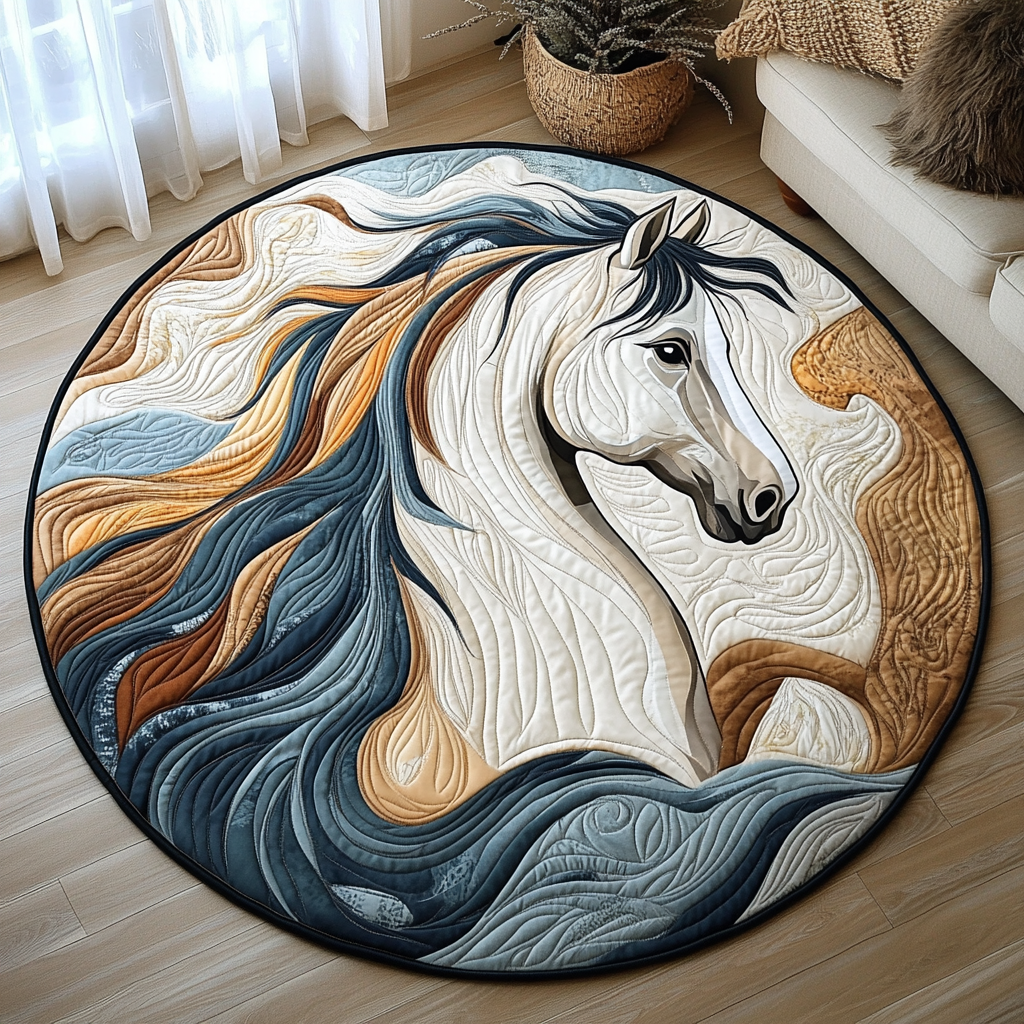 White Horse Themed Quilted Round Mat NCU0PD822