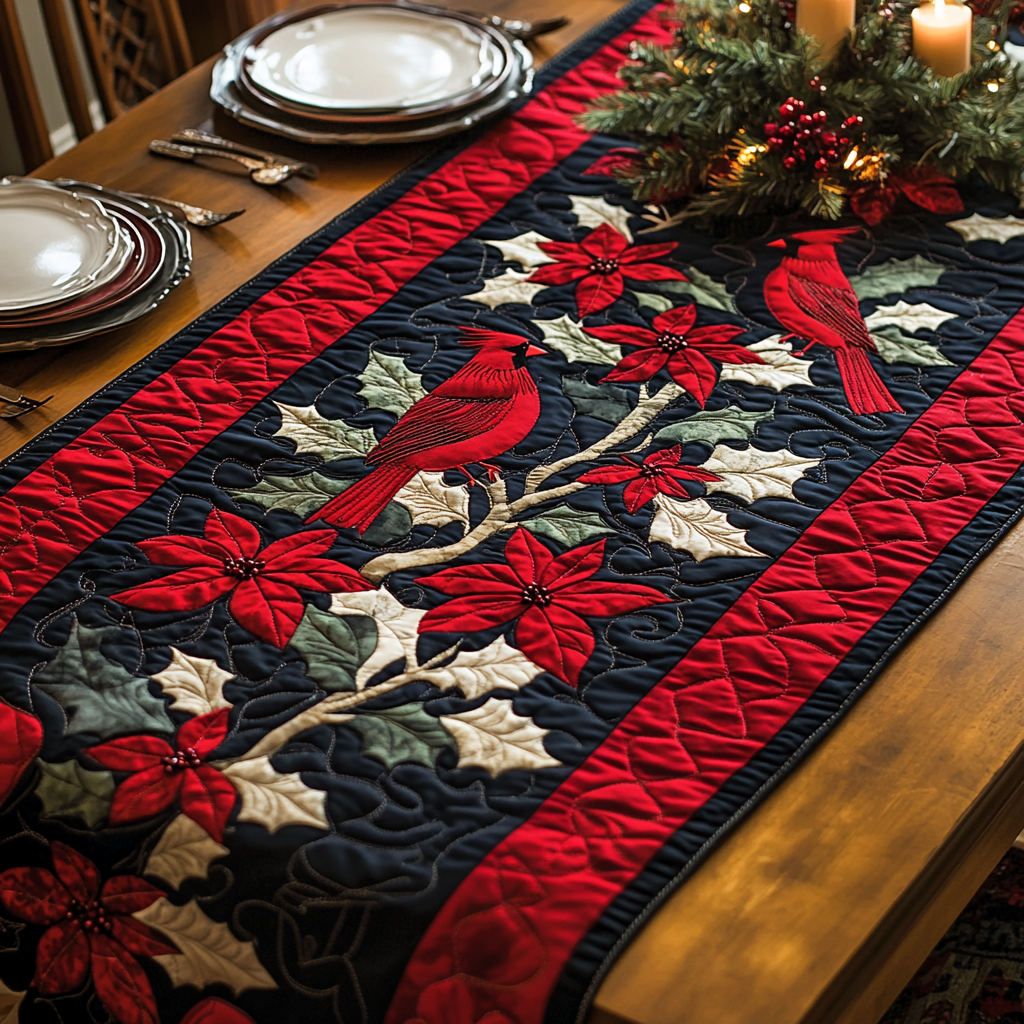 White Leaf Cardinal Quilted Table Runner NCU0DV1324