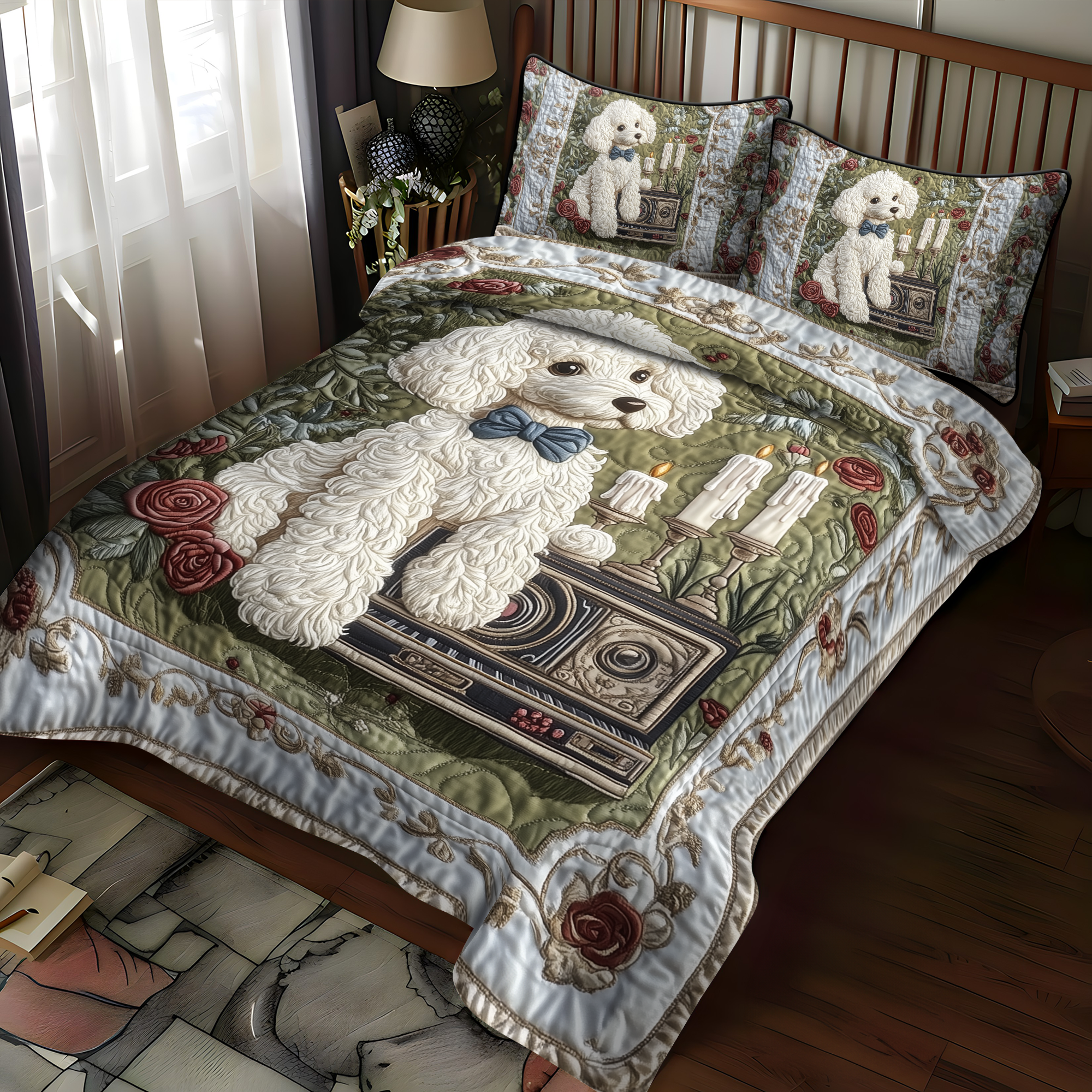 White Poodle Magic 3-Piece Quilted Bedding Set NCU0DK1703