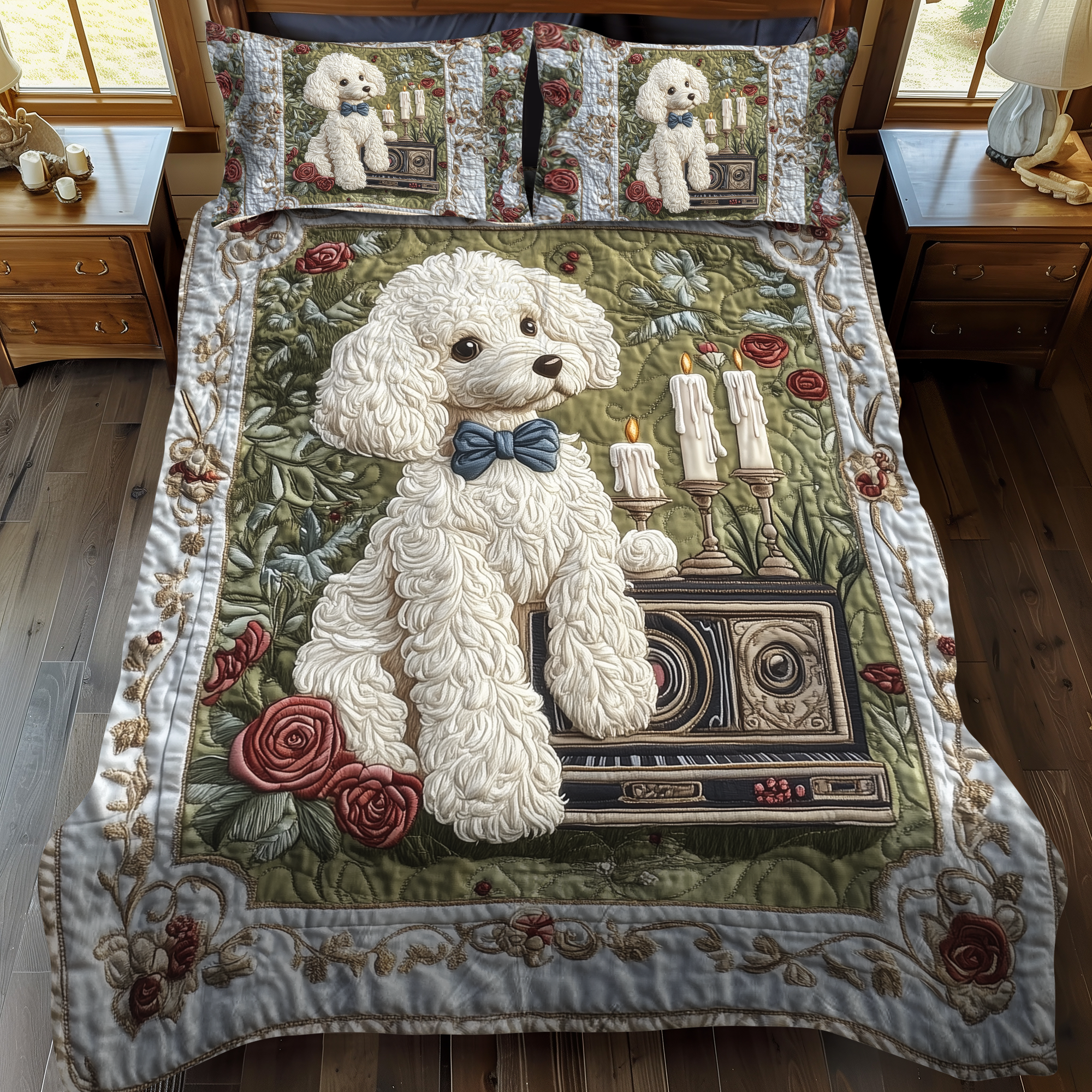 White Poodle Magic 3-Piece Quilted Bedding Set NCU0DK1703