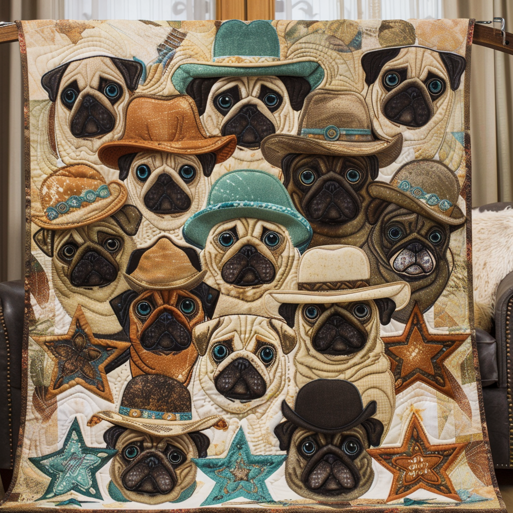 Wild West Pug Quilted Blanket NCU0DV307