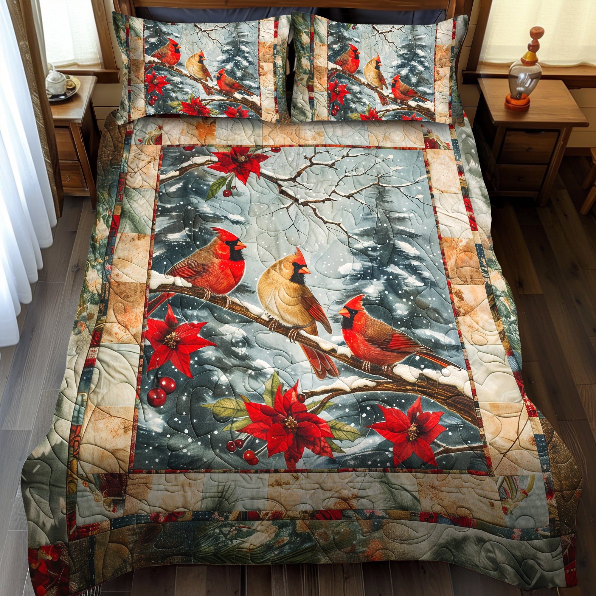 Winter Cardinal 3-Piece Quilted Bedding Set NCU0TH923