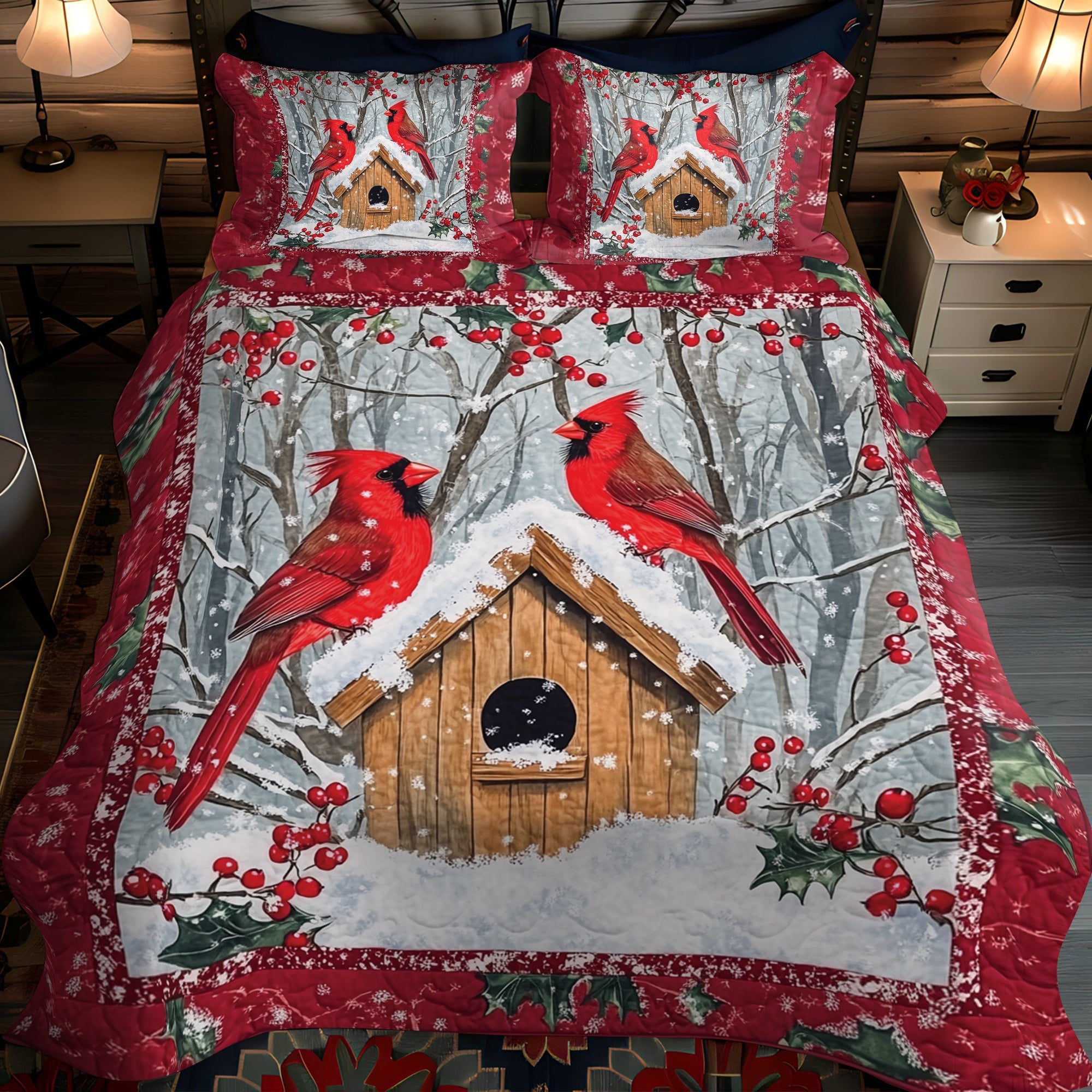 Winter Birdhouse Bliss Quilted Bedding Set NCU0VH031