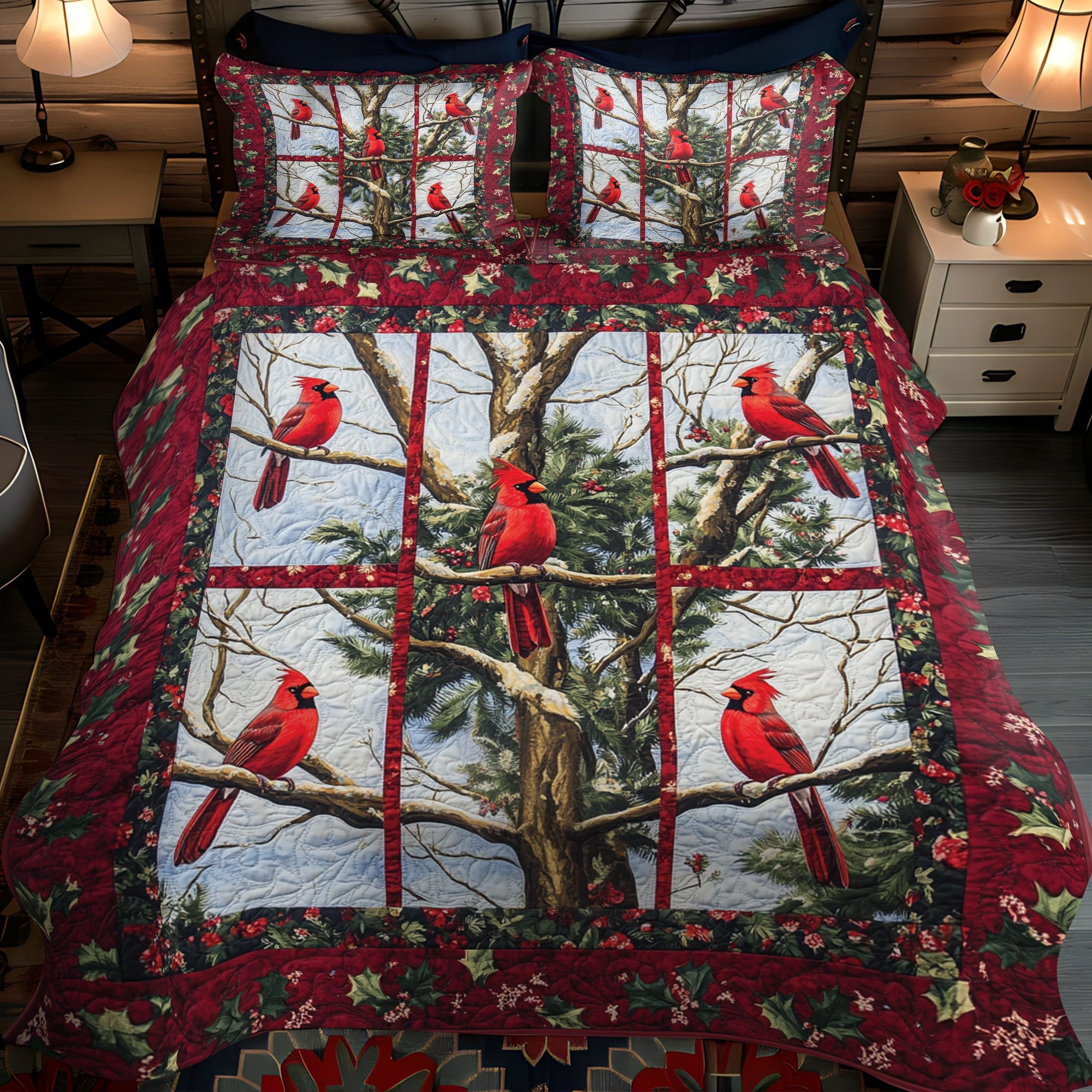 Winter Birds Rest Quilted Bedding Set NCU0VH038