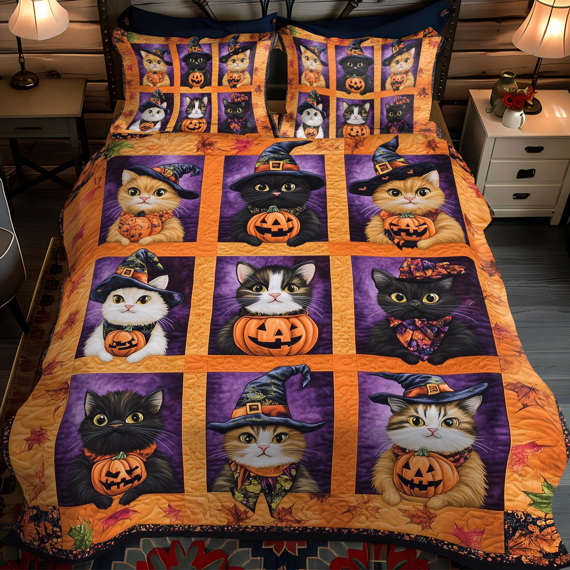 Witch Hat Kitties 3-Piece Quilted Bedding Set NCU0TL1174