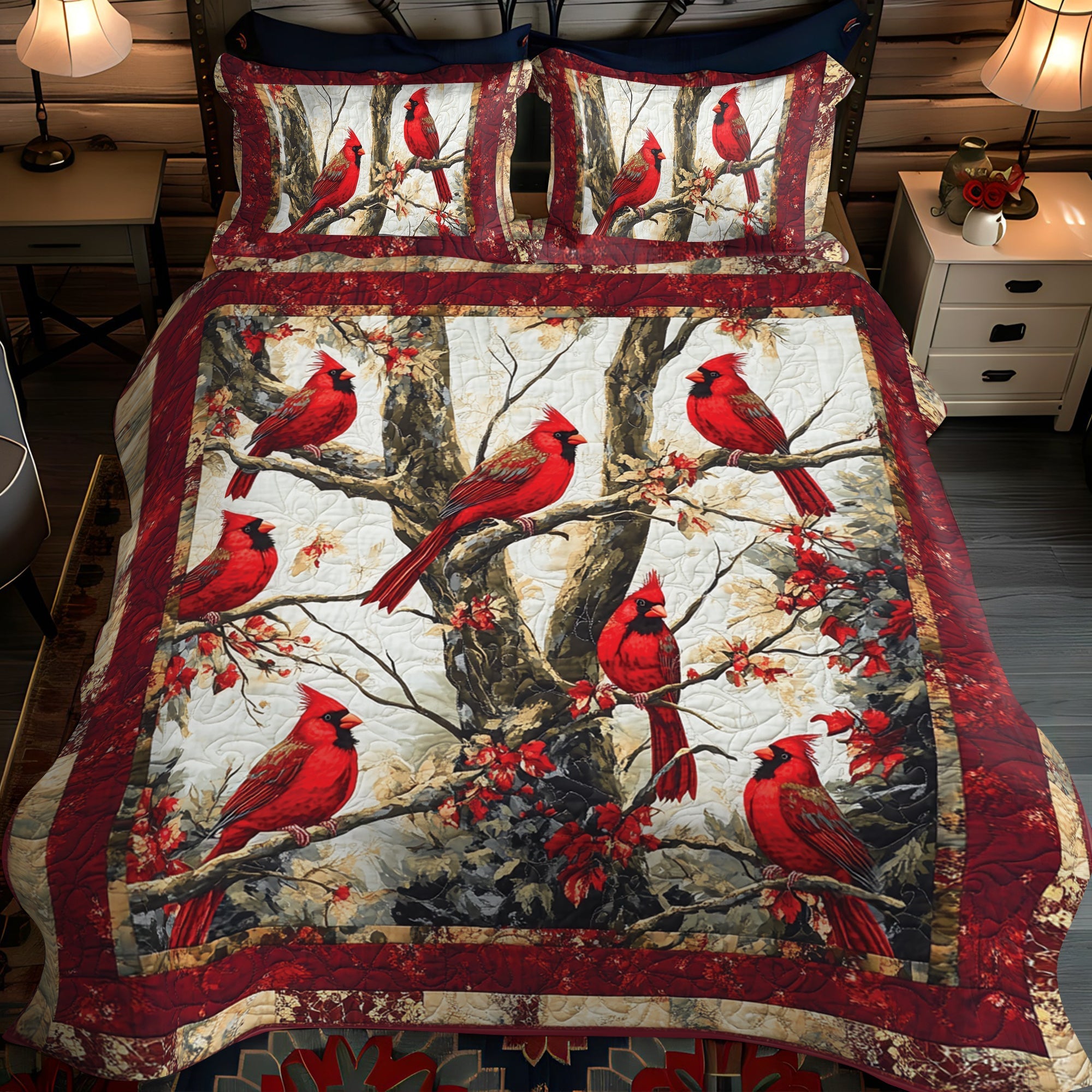 Woodland Redbirds Quilted Bedding Set NCU0VH029