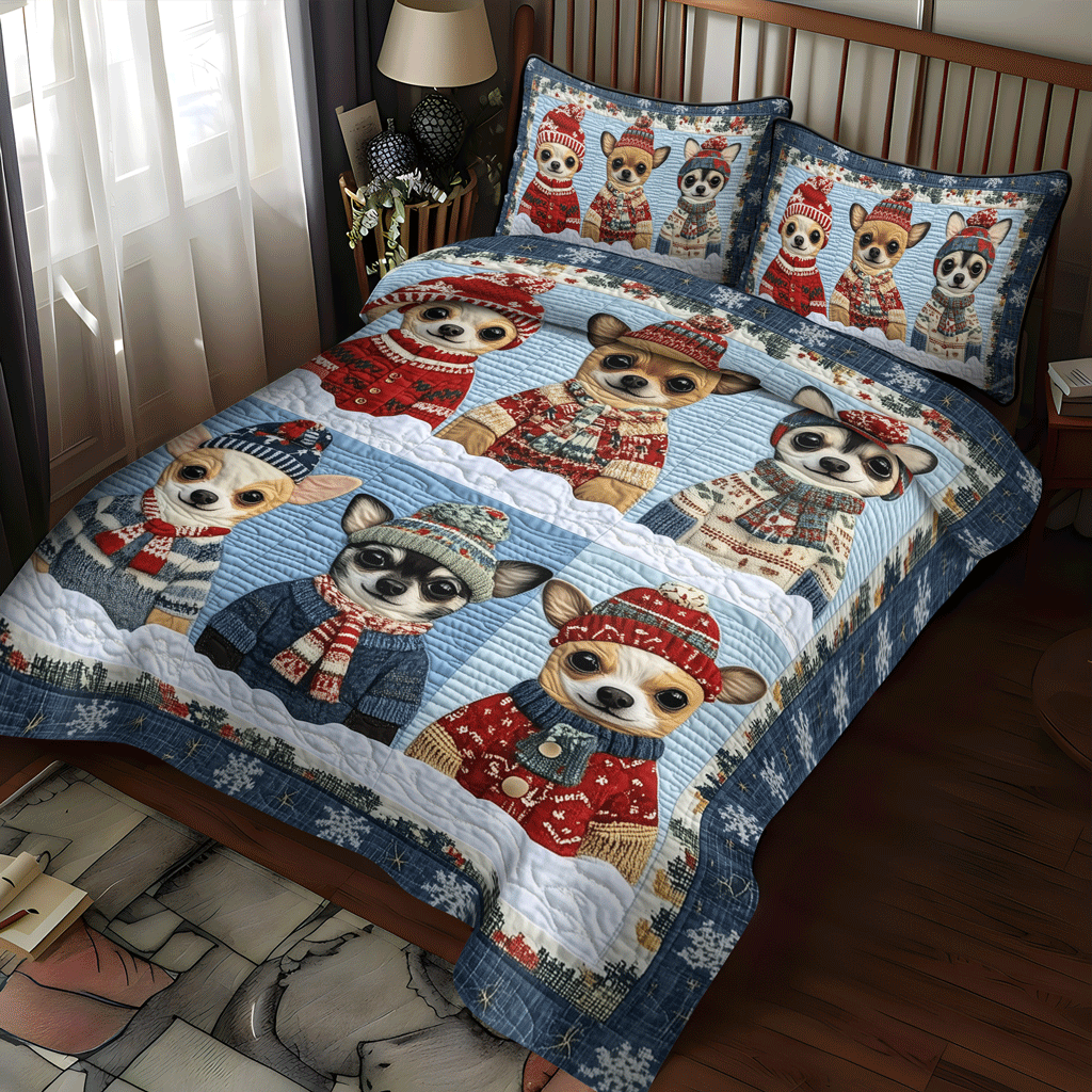 Yuletide Chihuahuas 3-Piece Quilted Bedding Set NCU0TH2055