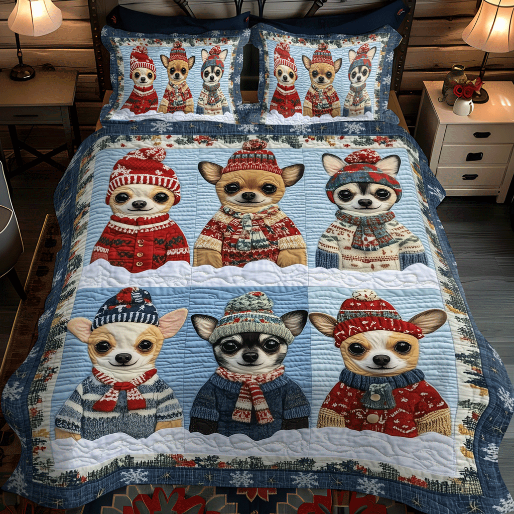 Yuletide Chihuahuas 3-Piece Quilted Bedding Set NCU0TH2055