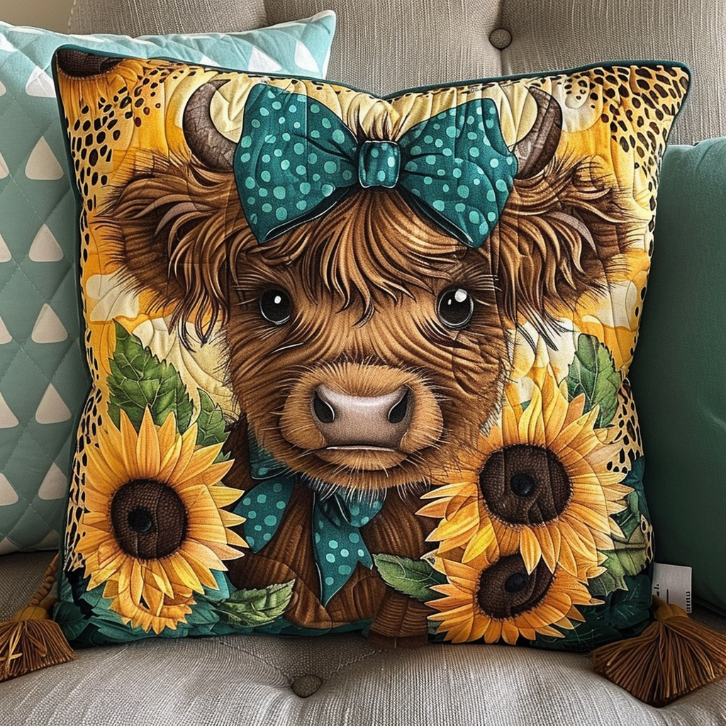 Sunflowers Highland Cow Quilted Pillow Case NCU0TL103