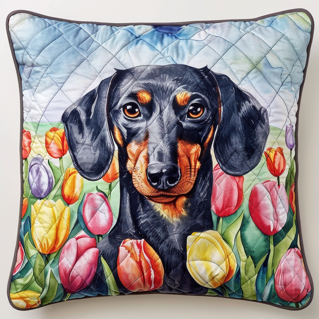 Majestic Dachshund with Crimson Tulips Quilted Pillowcase NCU0TL120