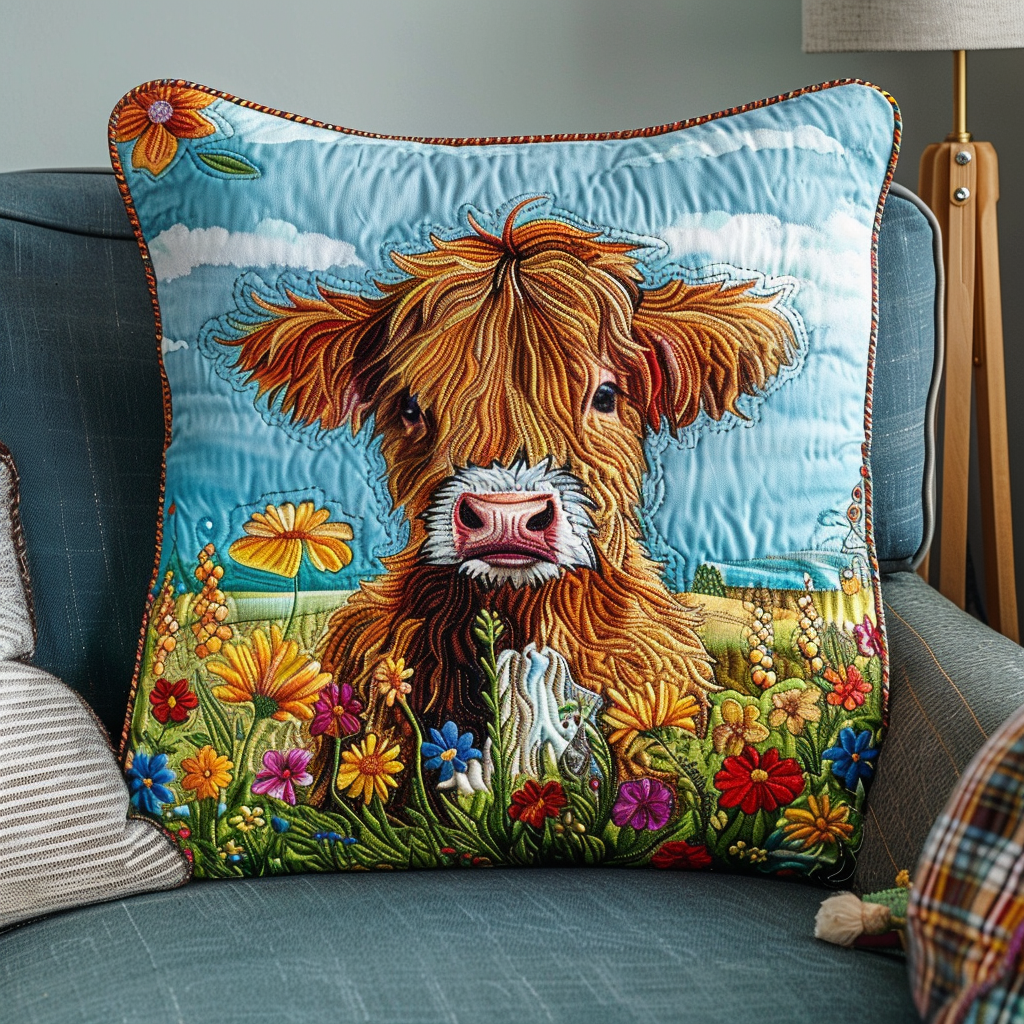 Highland Cow In Wildlower Field Quilted Pillow Case NCU0TL105