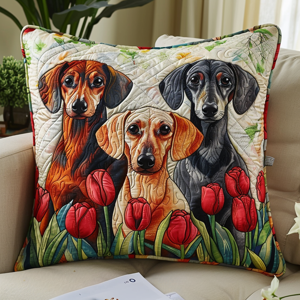 Elegant Dachshunds amidst Crimson Tulips Quilted Pillow Case NCU0TL121