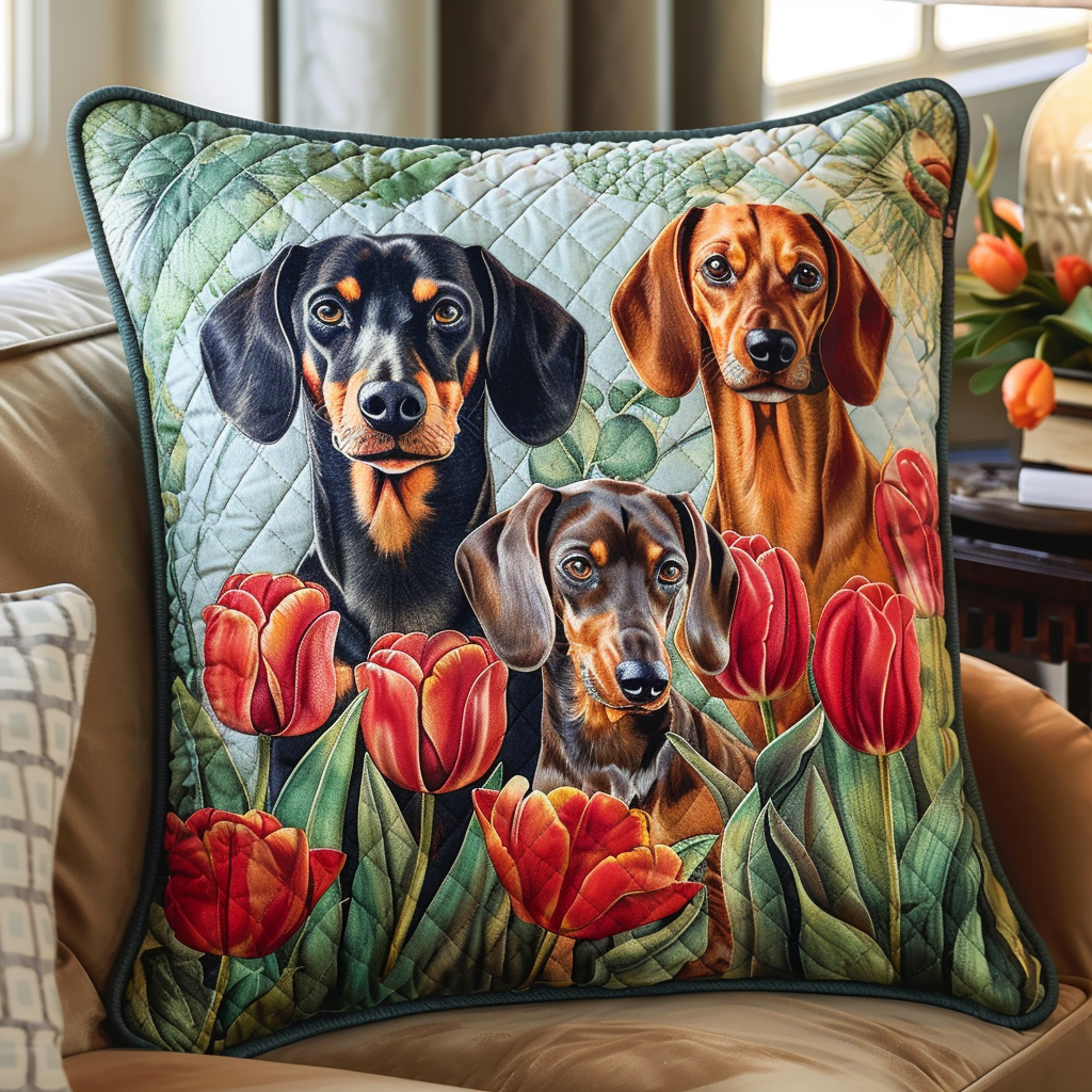 Dachshunds in Scarlet Tulip Garden Quilted Pillow Case NCU0TL124