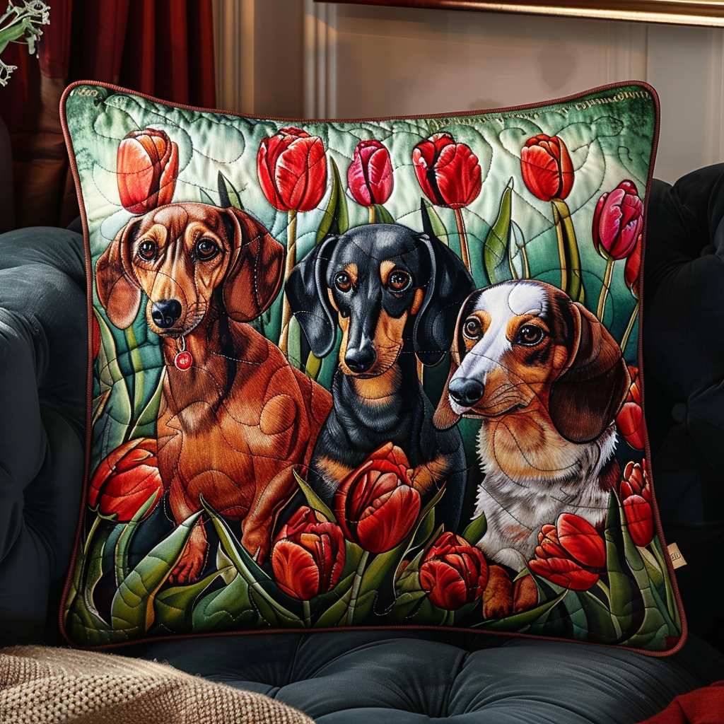 Regal Dachshunds and Red Tulips Quilted Pillow Case NCU0TL122