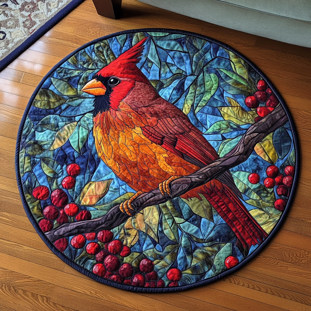 Stained Glass Cardinal Quilted Round Mat NCU0VH010