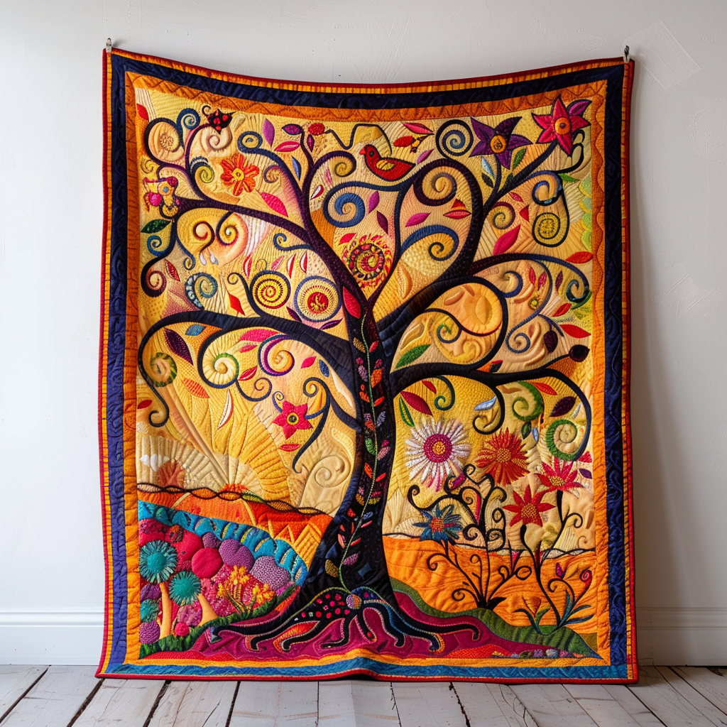 Colorful Tree of Life Art Quilted Blanket NCU0PD033