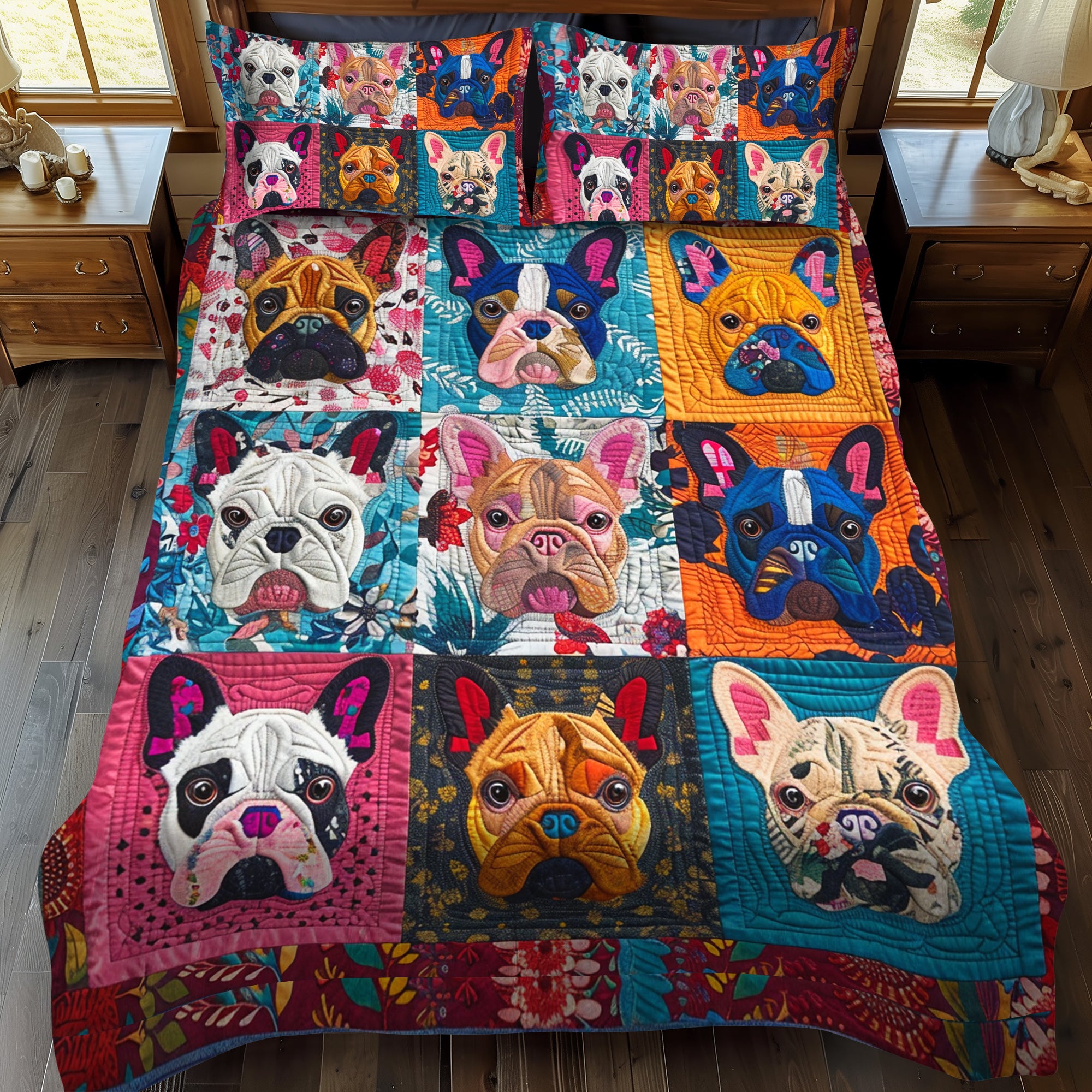 Colorful French Bulldog 3-Piece Quilted Bedding Set NCU0PD088