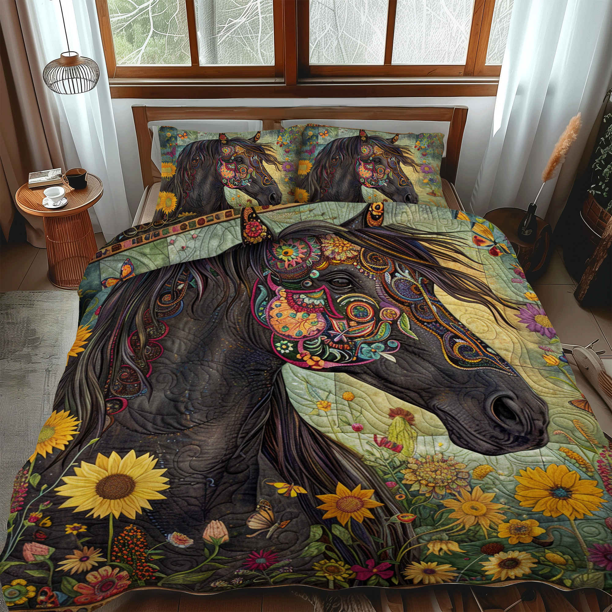 Floral Sunflower Horse 3-Piece Quilted Bedding Set NCU0PD332