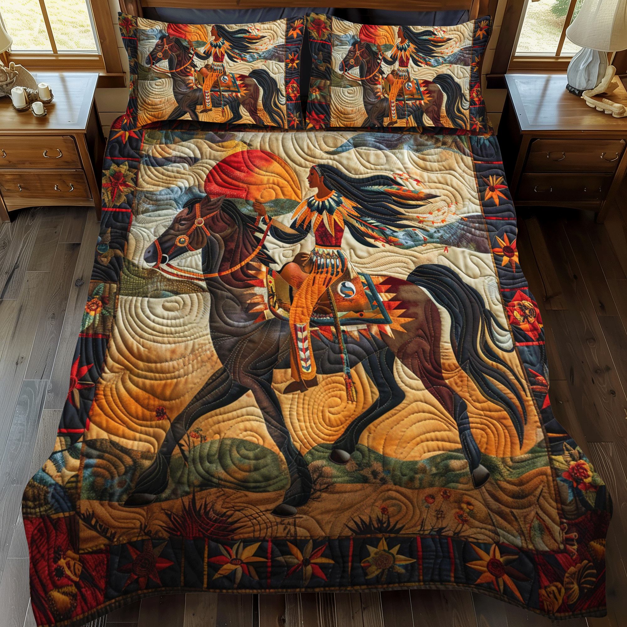 Native American Horse 3-Piece Quilted Bedding Set NCU0PD334