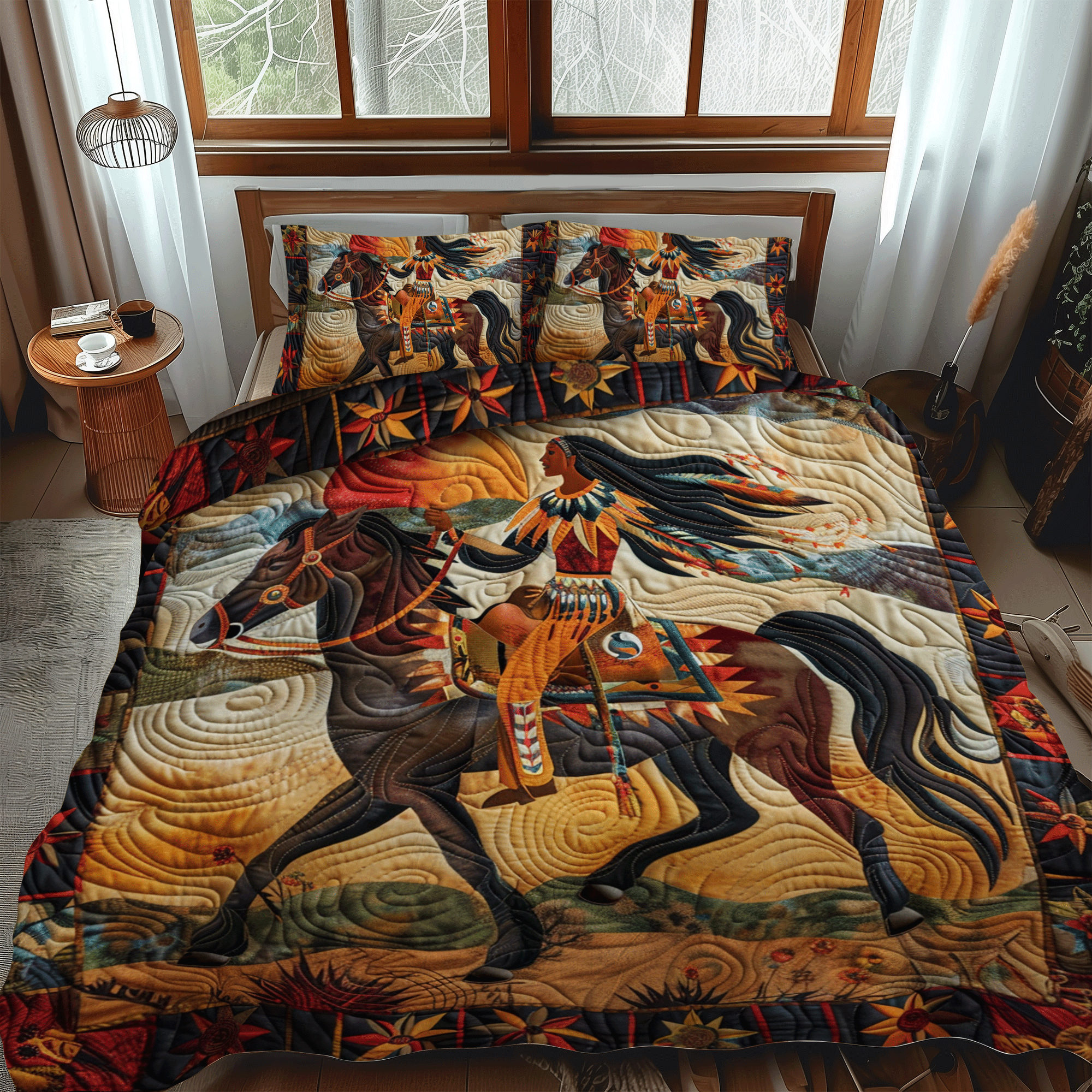 Native American Horse 3-Piece Quilted Bedding Set NCU0PD334