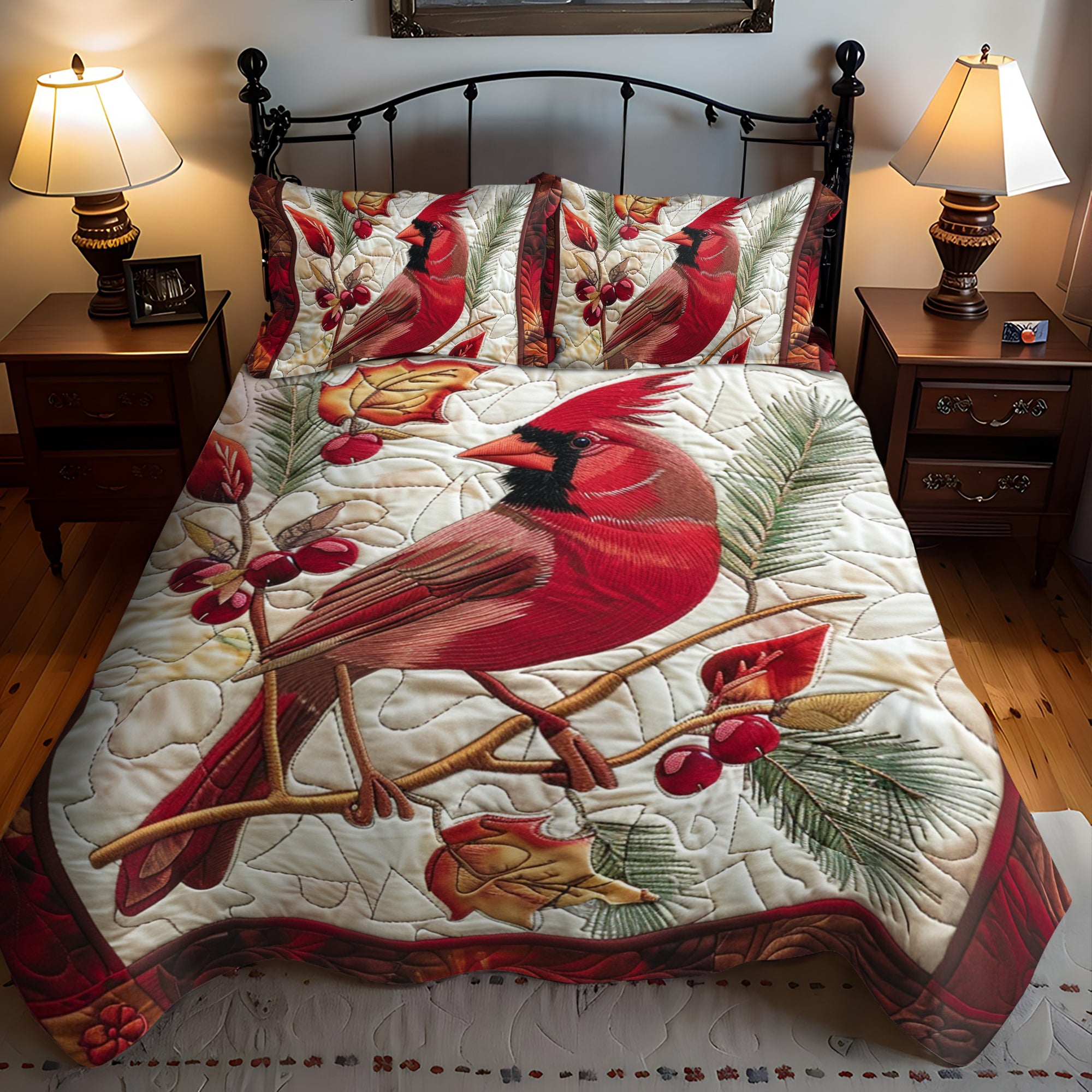 Cozy Cardinal Bird 3-Piece Quilted Bedding Set NCU0PD208