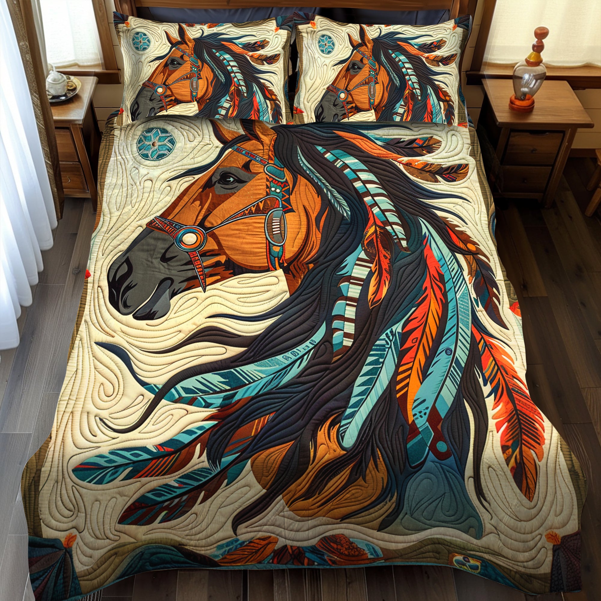 Native American Horse 3-Piece Quilted Bedding Set NCU0PD170