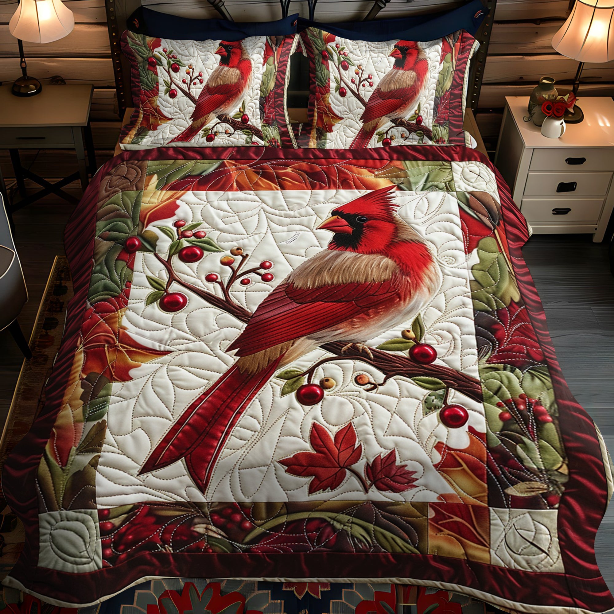 Stunning Cardinal Bird 3-Piece Quilted Bedding Set NCU0PD209