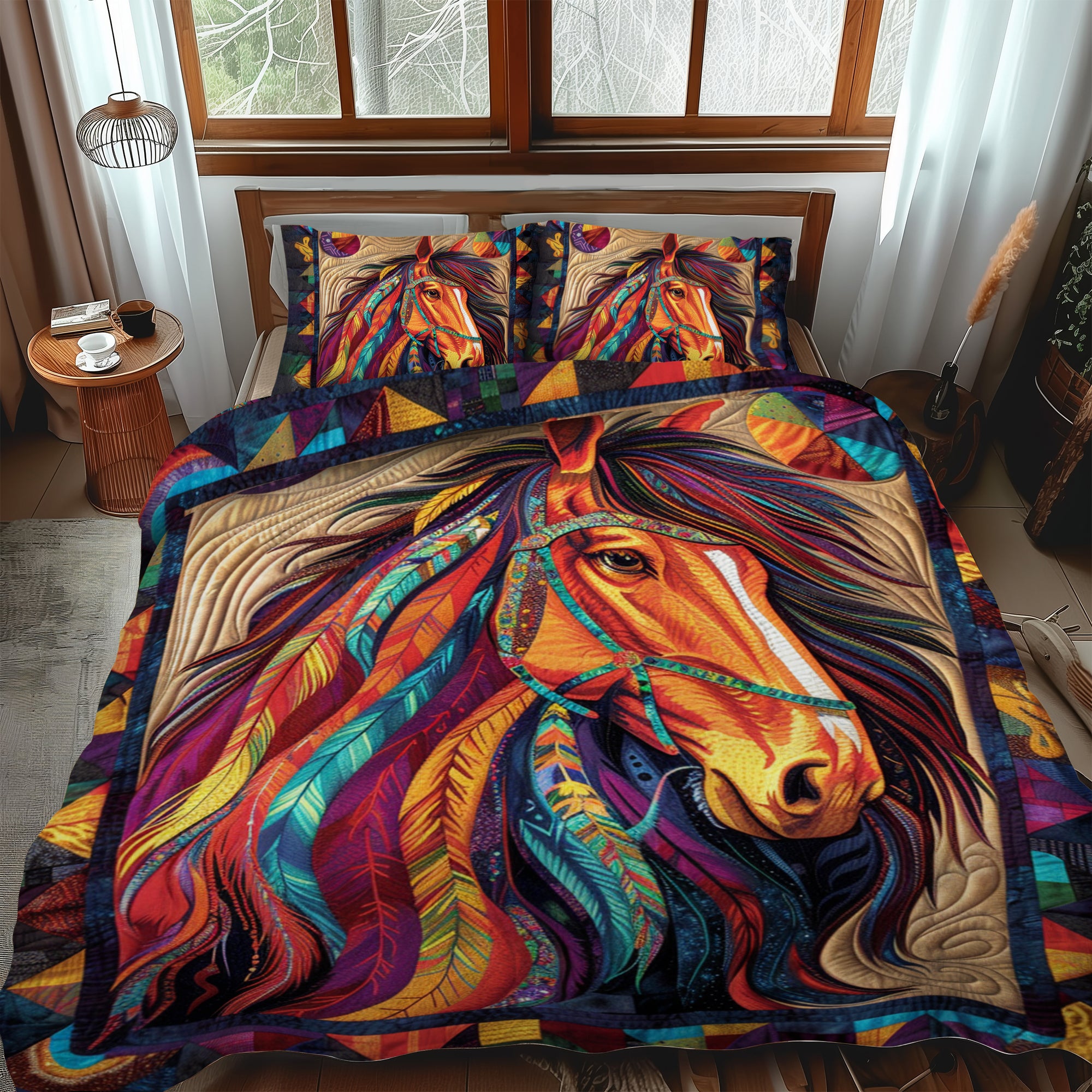 Native American Horse 3-Piece Quilted Bedding Set NCU0PD171