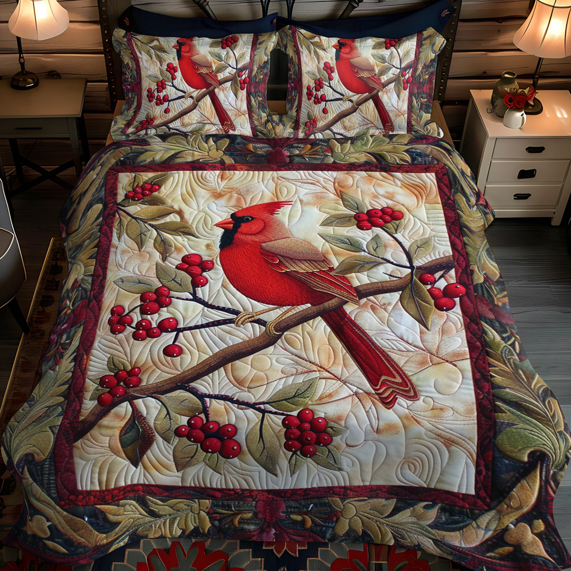 Winter Red Cardinal 3-Piece Quilted Bedding Set NCU0PD210