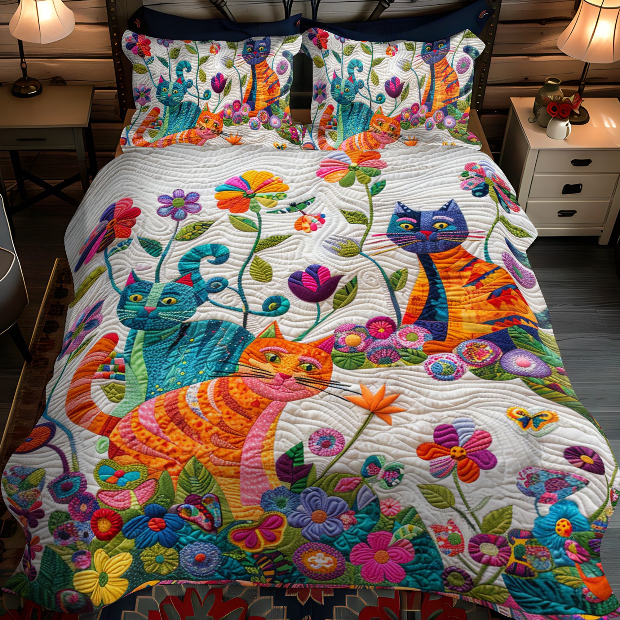 Floral Colorful Cats 3-Piece Quilted Bedding Set NCU0PD326