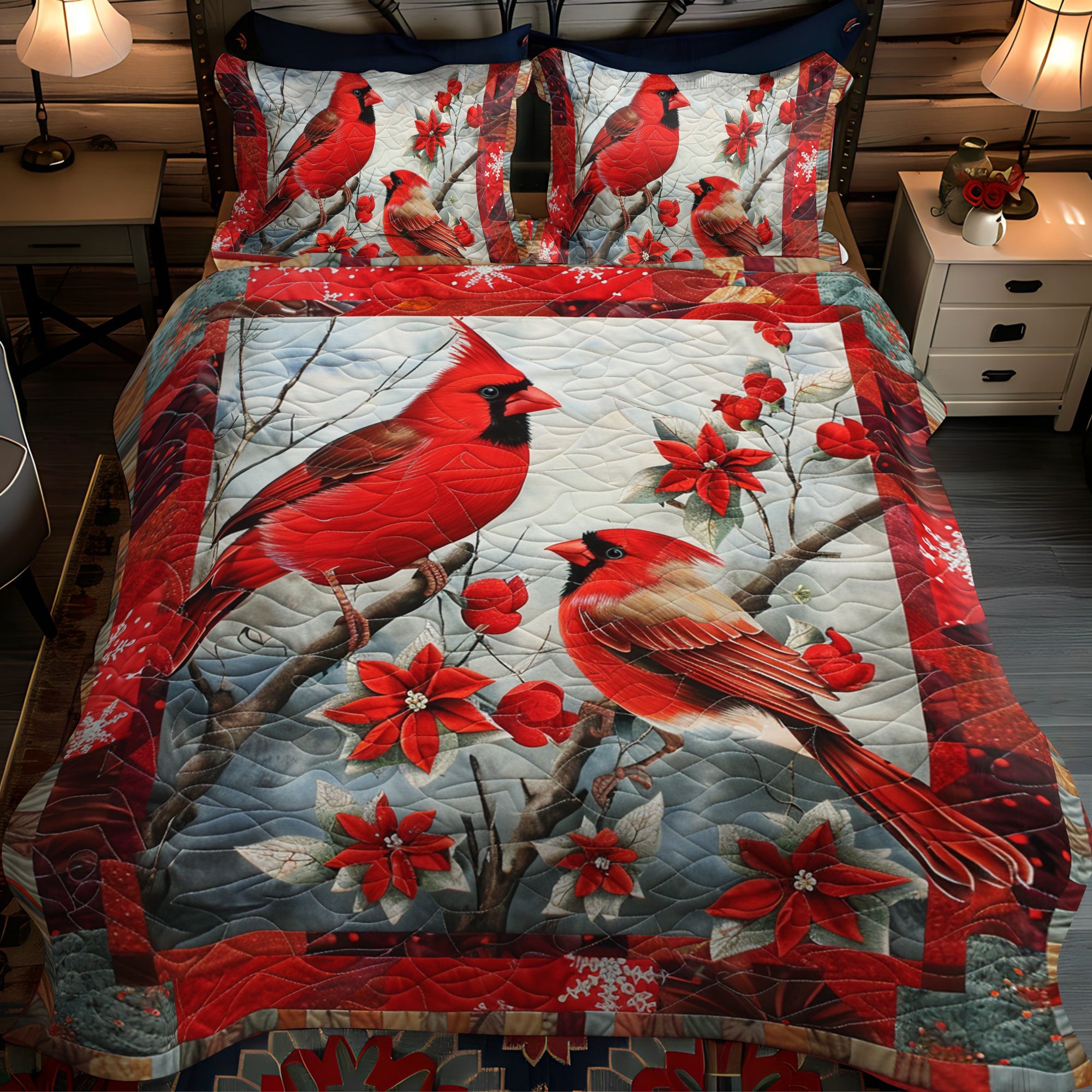 Cardinal Bird 3-Piece Quilted Bedding Set NCU0PD201