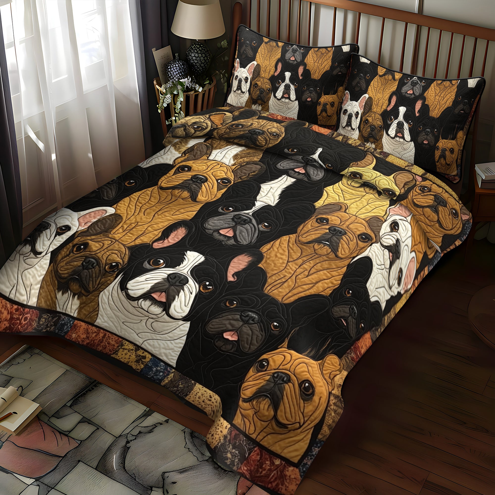 French Bulldog Patchwork 3-Piece Quilted Bedding Set NCU0PD377