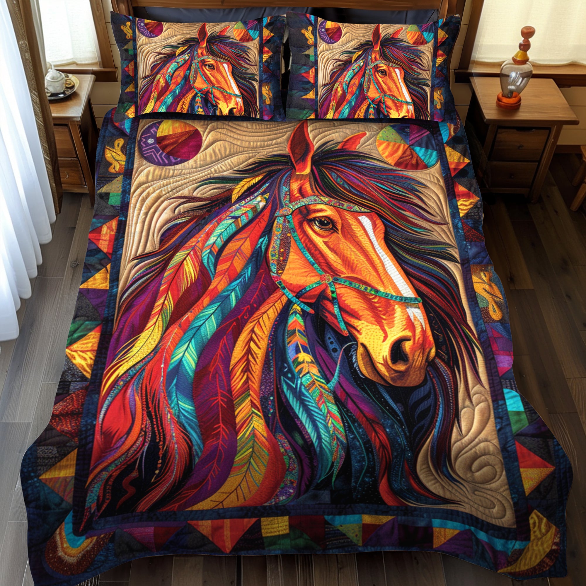 Native American Horse 3-Piece Quilted Bedding Set NCU0PD171