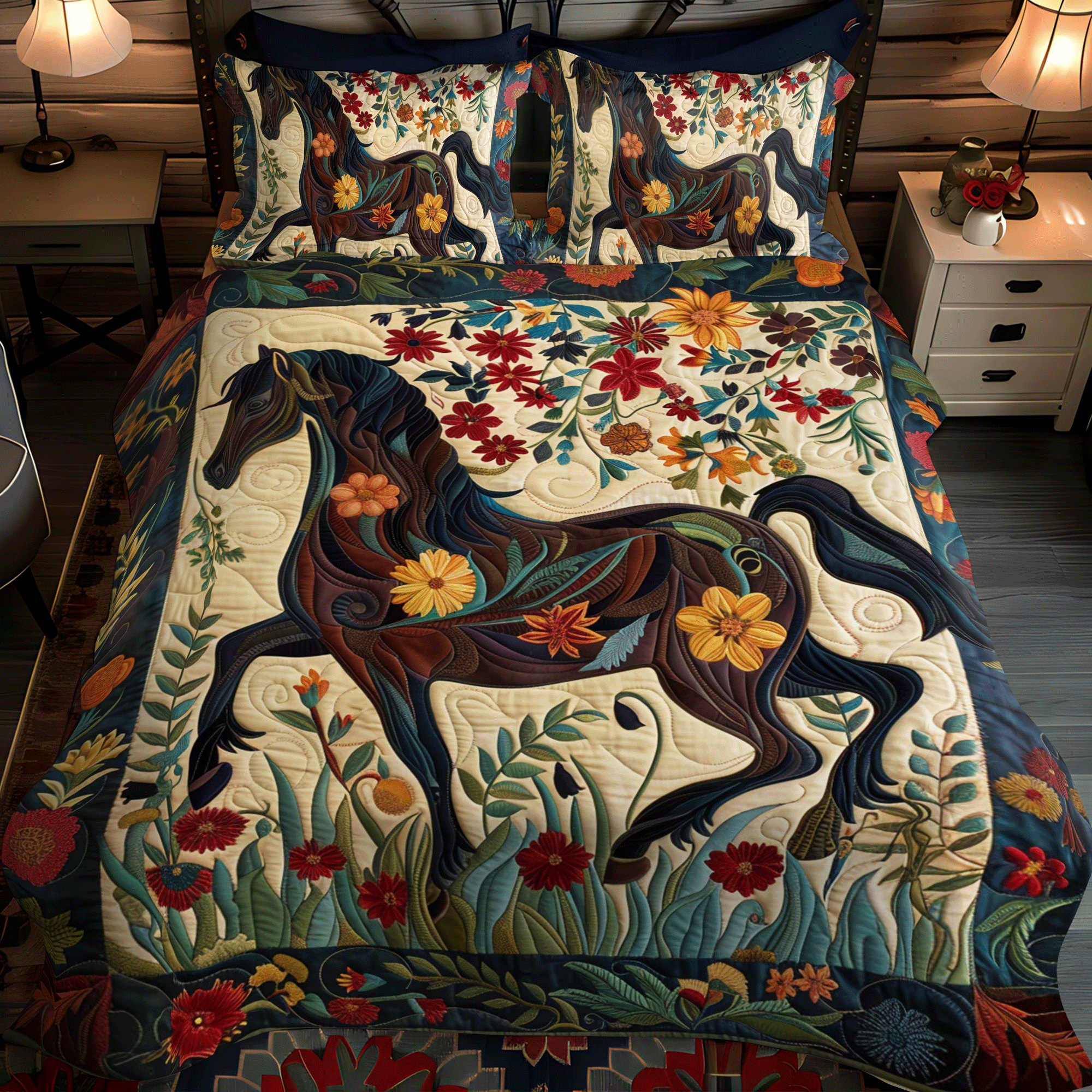 Artistic Horse-Themed 3-Piece Quilted Bedding Set NCU0PD337